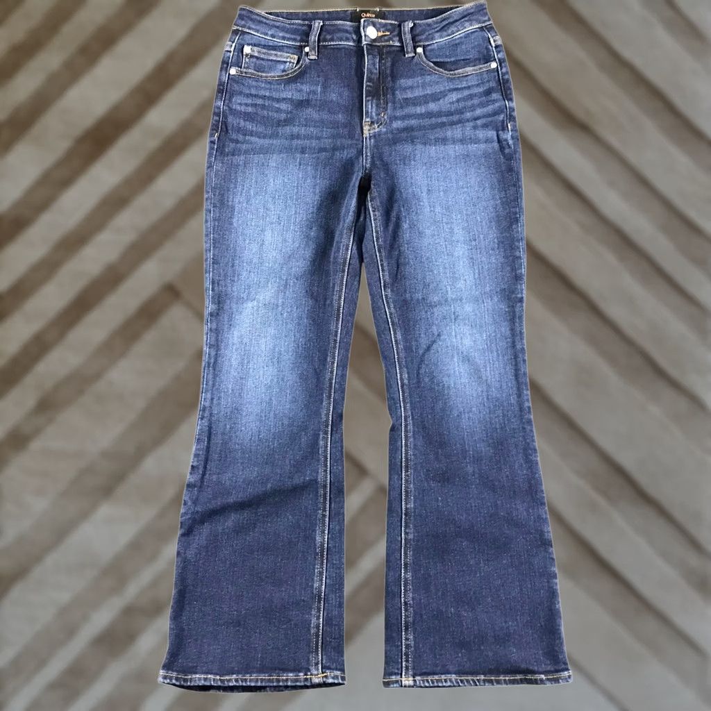 Quince Quince Women High Rise Flare Jeans Dark Wash Blue Organic Cotton Stretch Size 28 Jeans Size 28" / US 6 / IT 42 - 1 Thumbnail