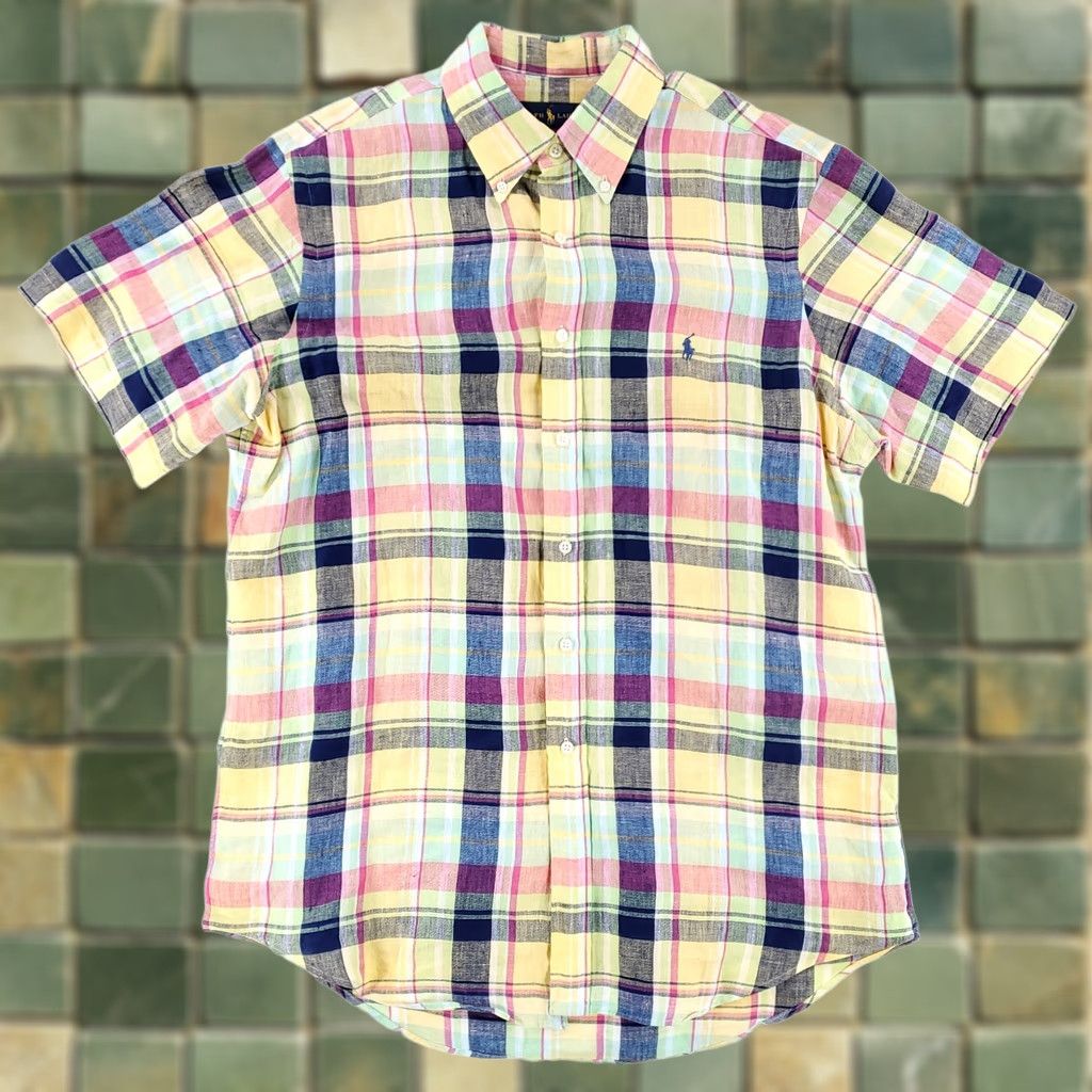 Ralph Lauren Ralph Lauren Shirt Plaid Linen Button-Down Short Sleeve Mens L Blue Yellow Size US L / EU 52-54 / 3 - 1 Thumbnail