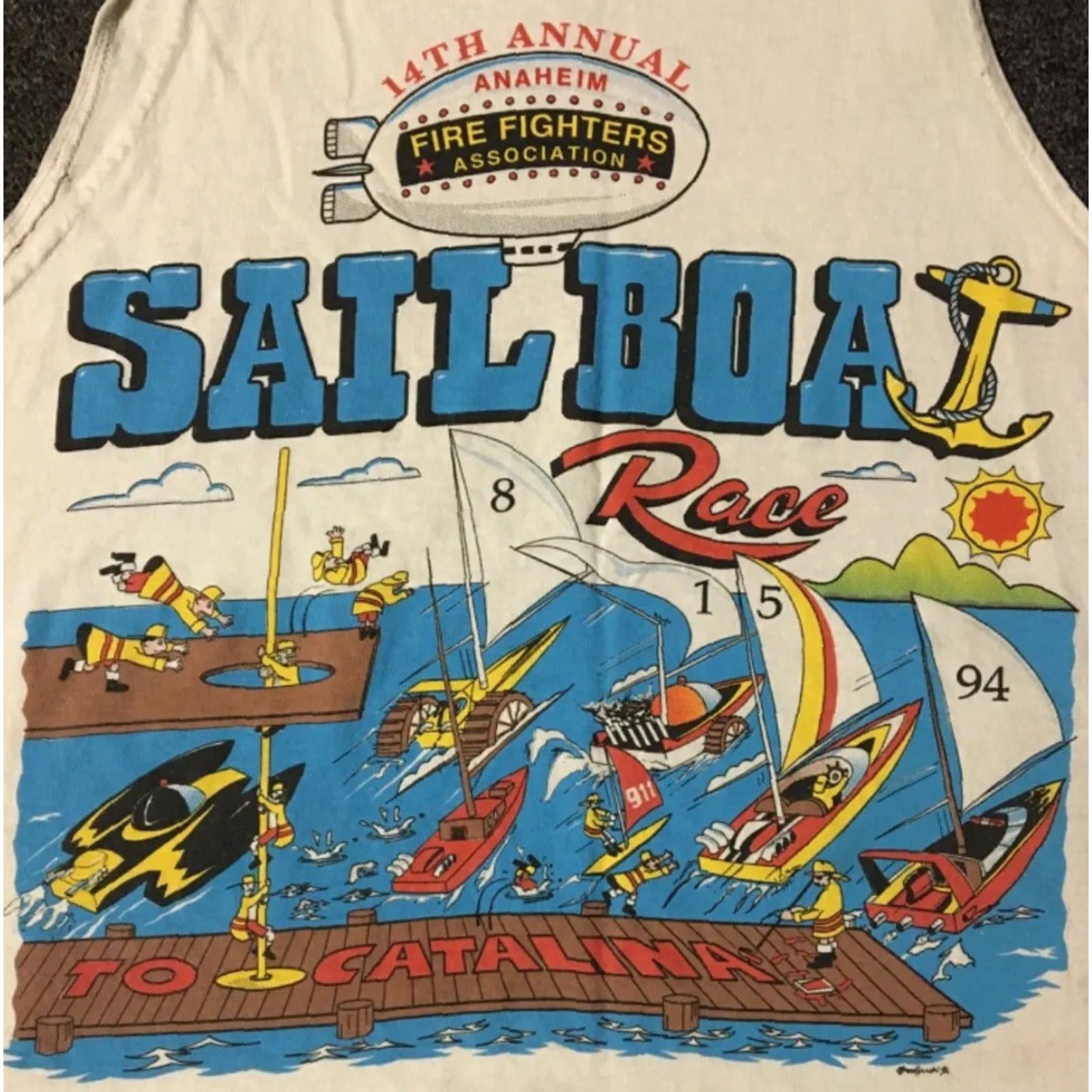 Vintage VINTAGE Fire Fighter Tank Top Shirt M White Distressed 90s Anaheim Boats Sailboat Race Boots USA Men Size US M / EU 48-50 / 2 - 3 Thumbnail