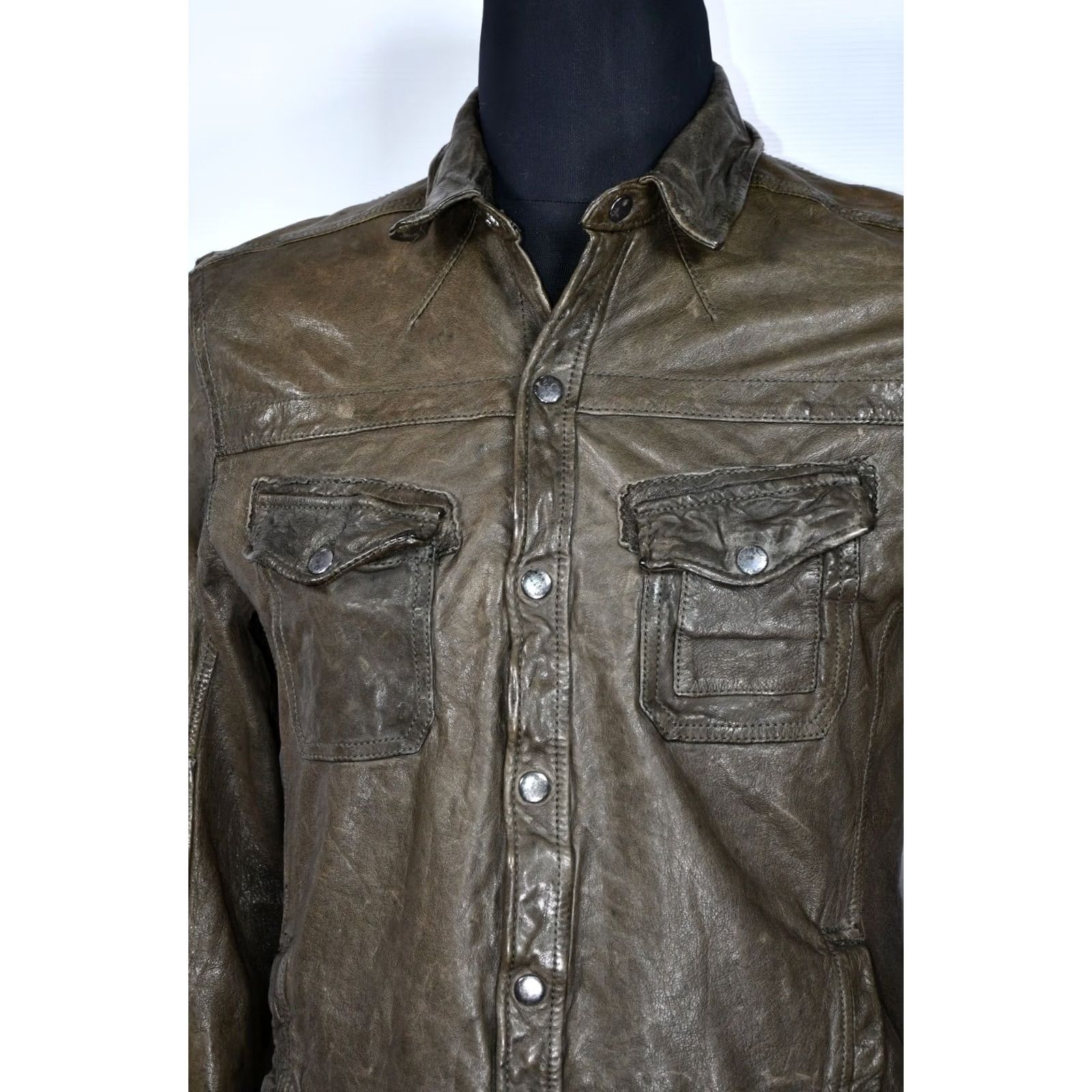 Allsaints All Saints Emery Shirt Jacket Men M Leather Brown/Green Biker Vintage No Size US M / EU 48-50 / 2 - 6 Thumbnail