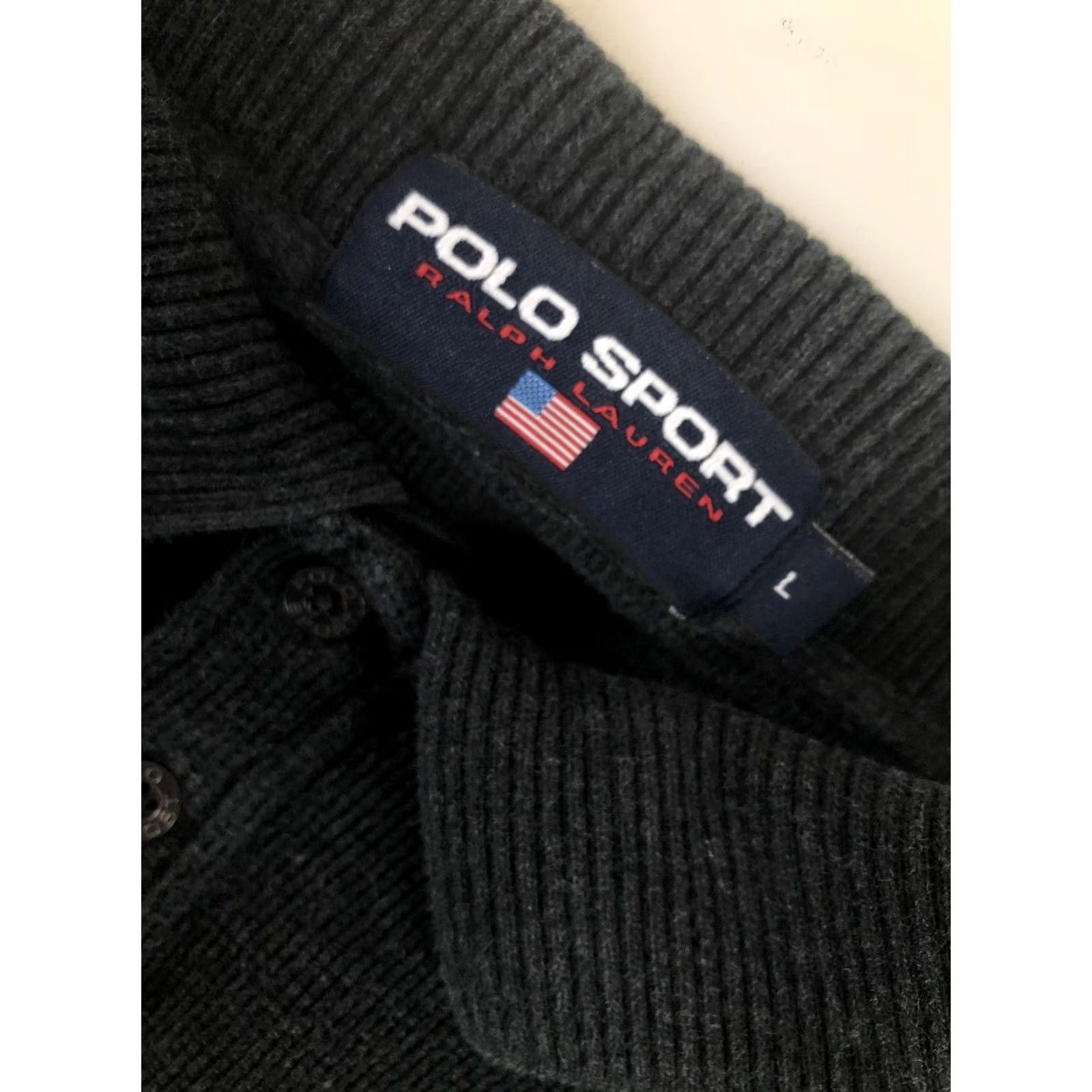 Polo Ralph Lauren POLO SPORT / RALPH LAUREN Embroidered Flag Waffle-Knit Rugby Sweater Men's L Gray Cotton Pullover Shirt Size US L / EU 52-54 / 3 - 5 Thumbnail
