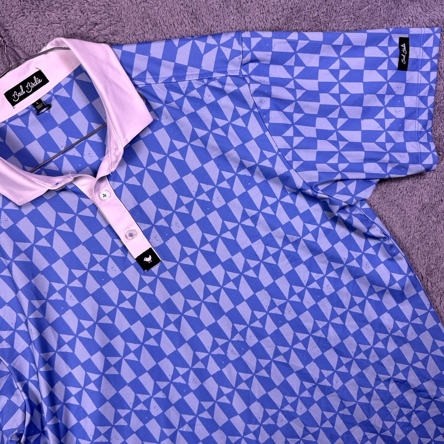Vintage Bad Birdie Polo Shirt Mens L Geometric All Over Print Golf Performance Stretch Size US L / EU 52-54 / 3 - 2 Thumbnail
