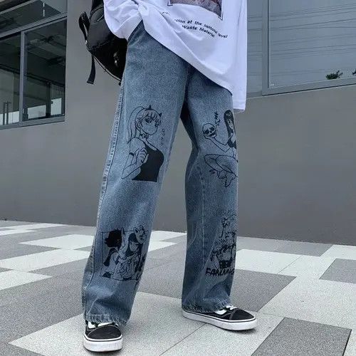 VIBE Unisex jeans graffiti print Korean American hip-hop style Size US 32 / EU 48 - 2 Thumbnail