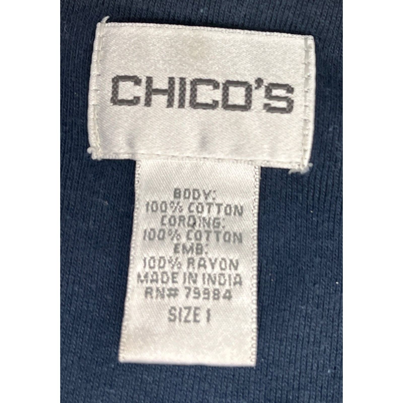 Chicos Chico’s Size 1 Large Navy Cotton Embroidered Flowers T-Shirt Size XS / US 0-2 / IT 36-38 - 5 Thumbnail