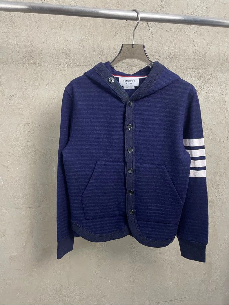 Thom Browne Thom browne Dark blue striped wool hooded button jacket 250 Size US S / EU 44-46 / 1 - 1 Thumbnail