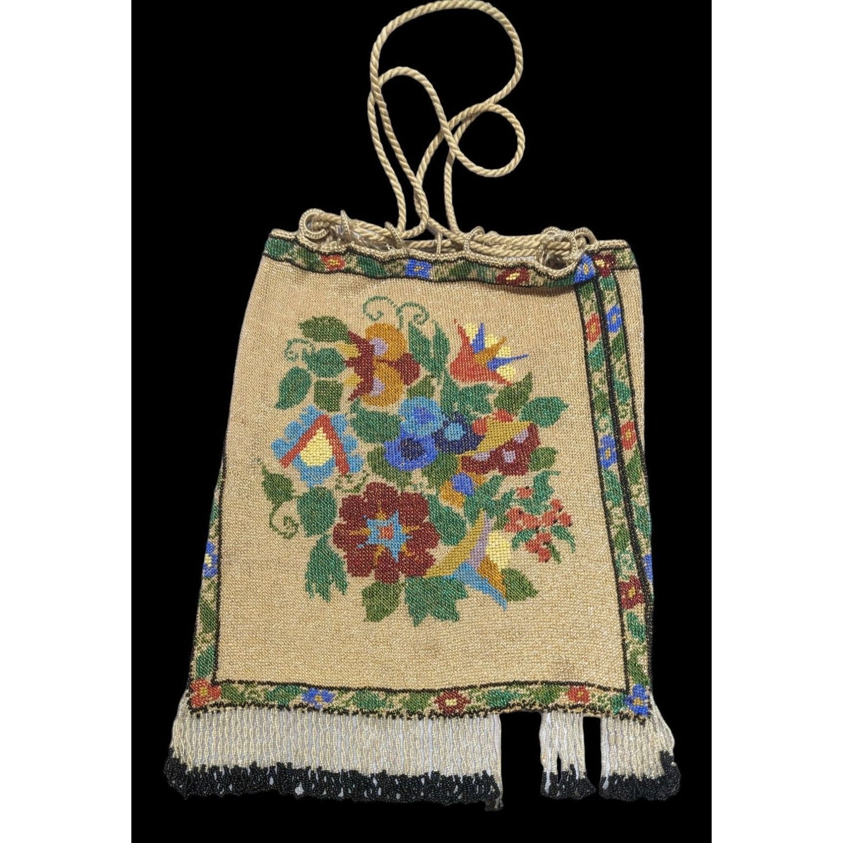 image of Antique Victorian Beaded Drawstring Floral Reticule, Women's