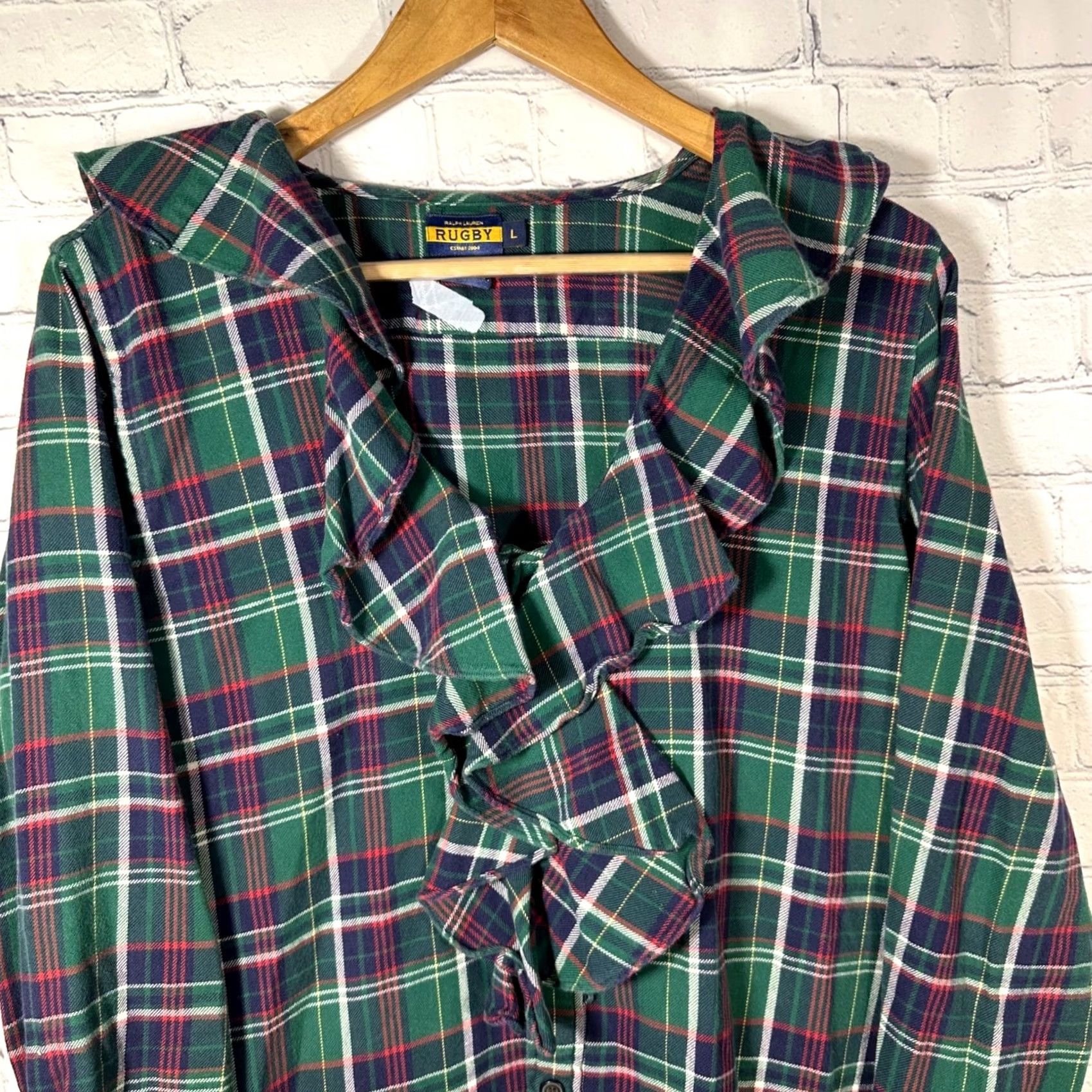 Ralph Lauren Rugby Ralph Lauren Shirt Dress Green Plaid Flannel Ruffle Neck Button Front Long Sleeve Womens L Size L / US 10 / IT 46 - 3 Thumbnail