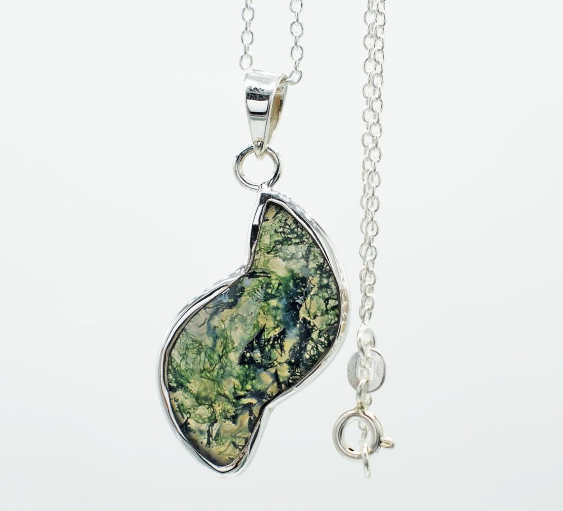 Handmade Natural Green Moss Agate Necklace 925K Silver Pendant 18" Size ONE SIZE - 3 Thumbnail