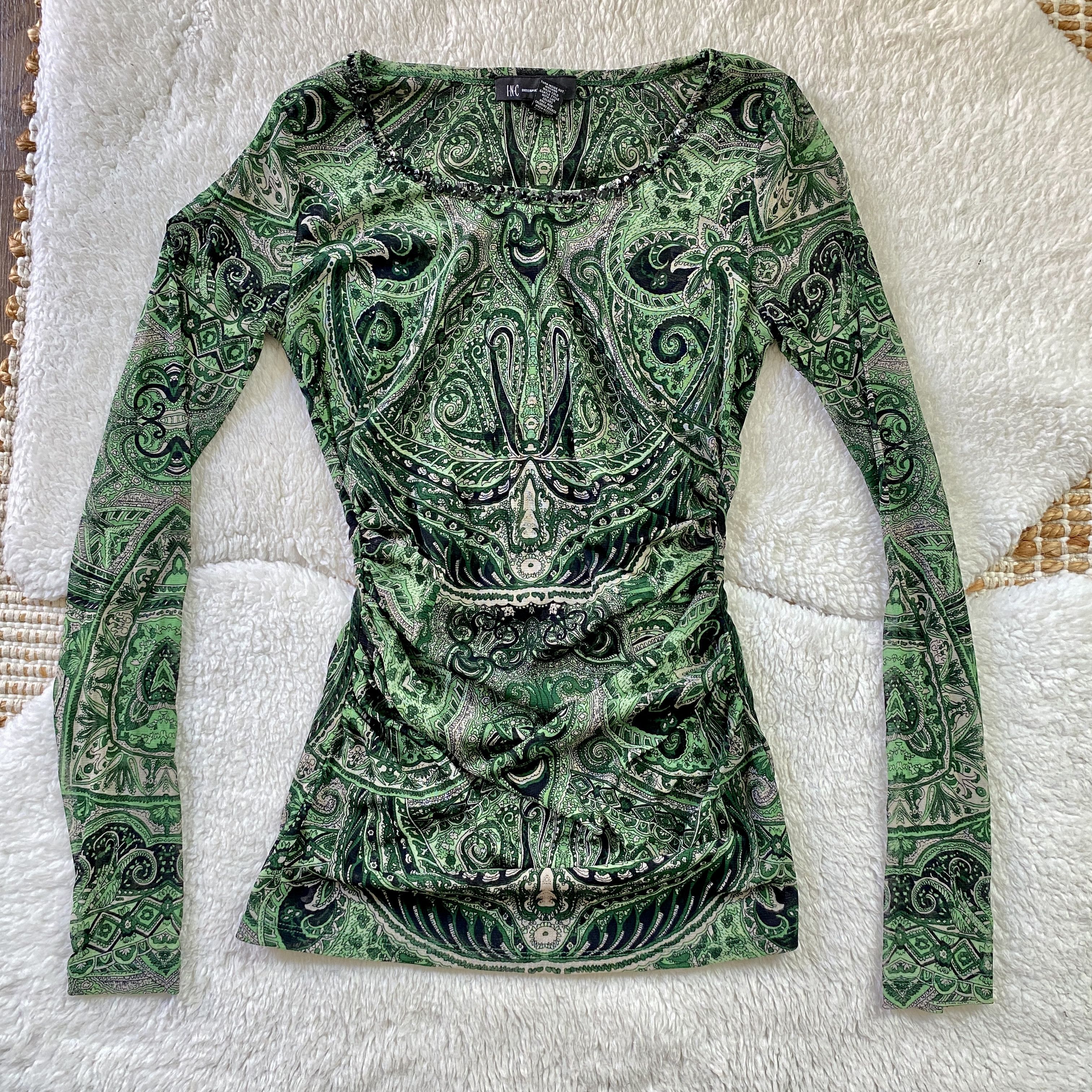 I.N.C INC International Concepts Sheer Green Paisley Beaded Top Size M / US 6-8 / IT 42-44 - 14 Thumbnail