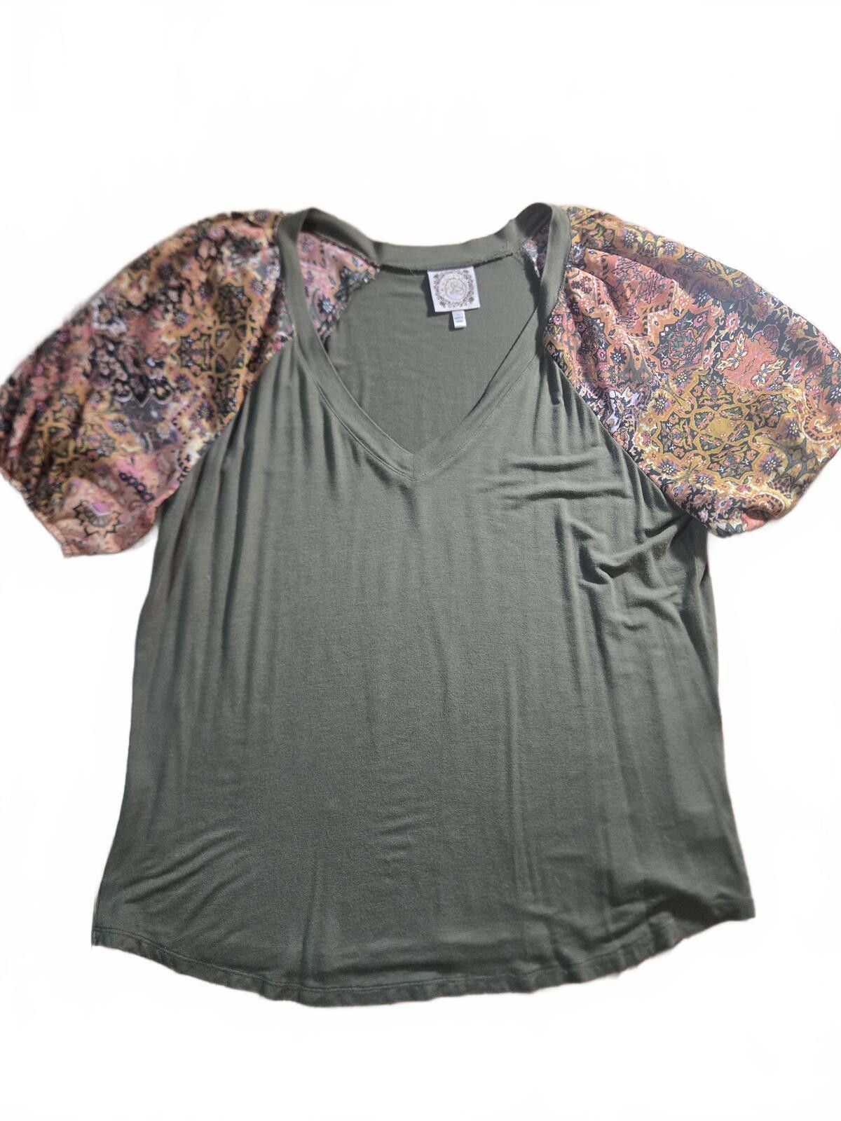 NBDN Nobrandedon WMS SZ L Olive Green Top Patterned Puff Sleeves Bohemian Size L / US 10 / IT 46 - 1 Thumbnail