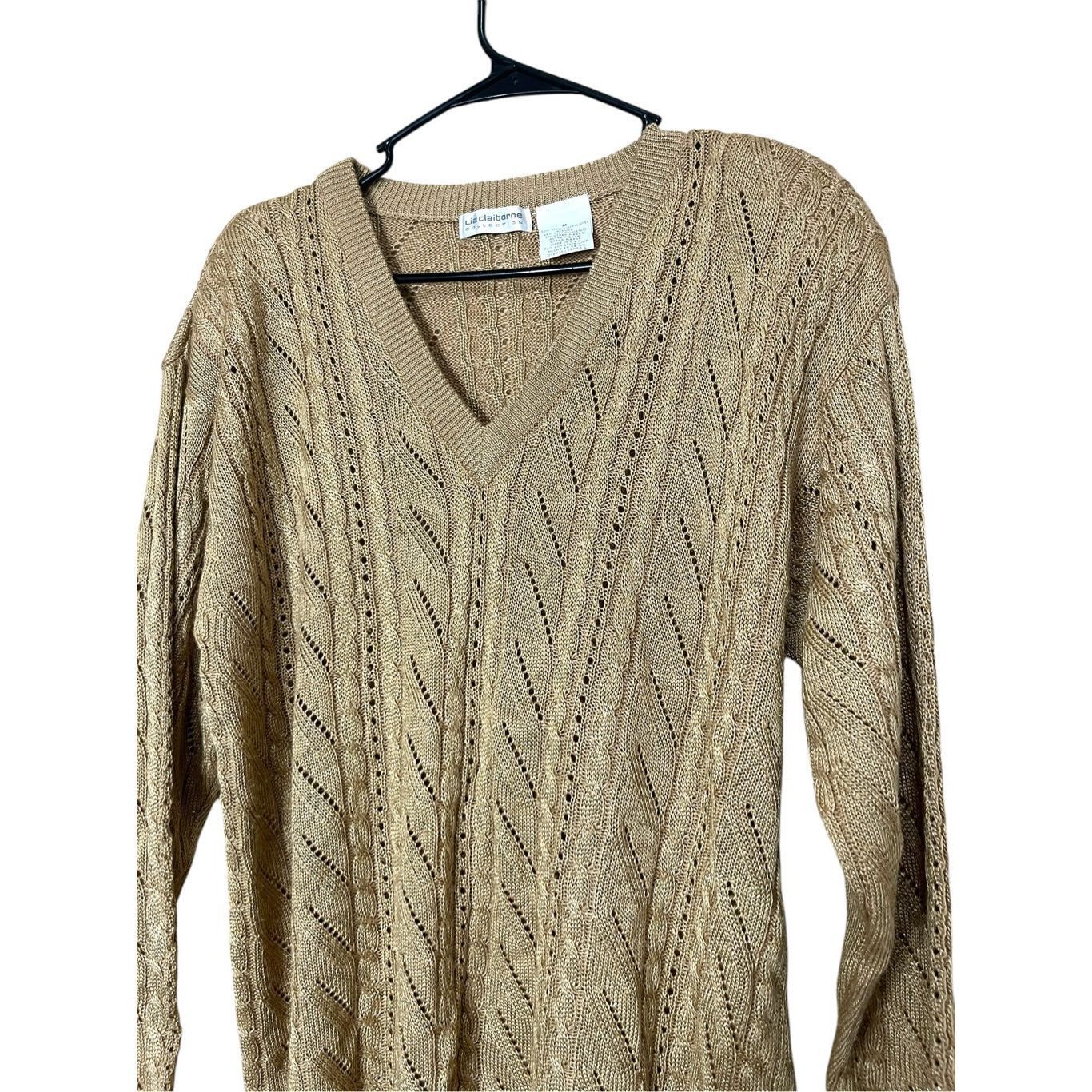 Liz Claiborne Vintage Liz Claiborne Cable Knit Shimmery Gold V Neck sweater M Size M / US 6-8 / IT 42-44 - 2 Thumbnail