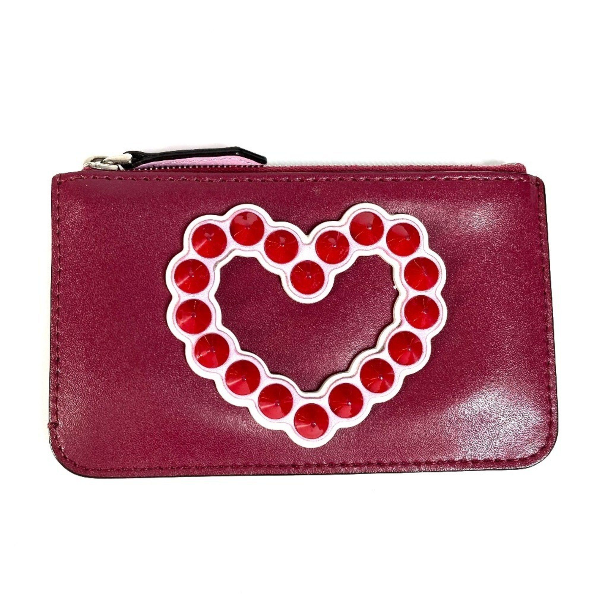 Fendi 8Ap151 Heart Studs Wallet Coin Purse With Key Ring Leather Women's Red