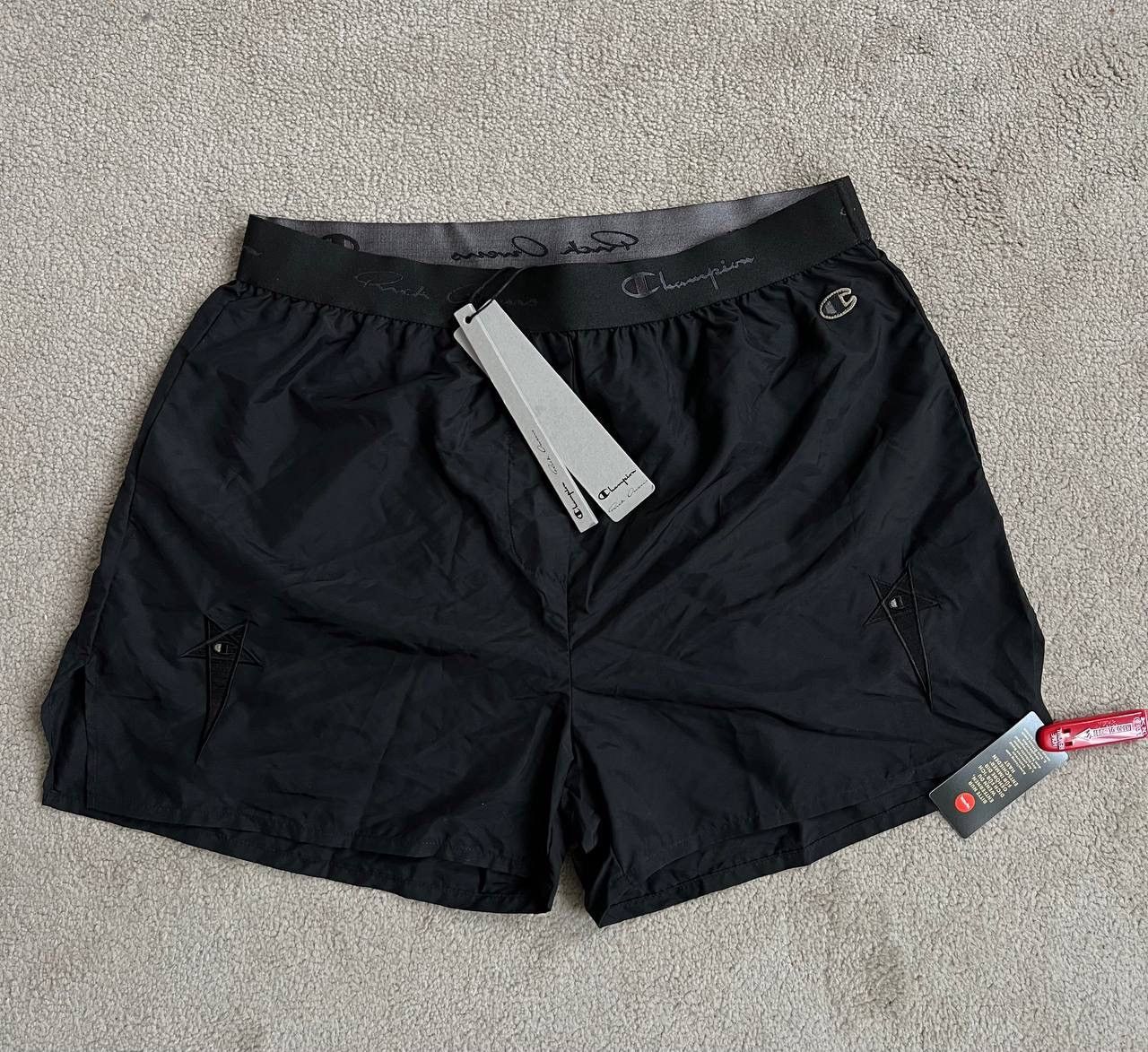 image of Rick Owens Champion Dolphin Shorts in Black, Men's (Size 38)