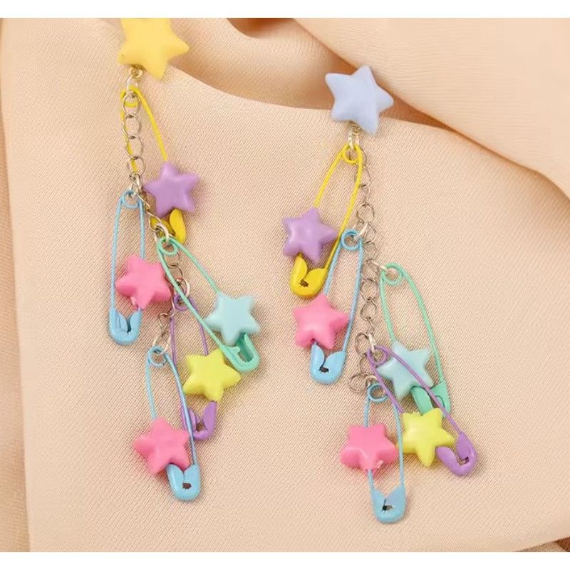 Other Kawaii Pastel Star Safety Pin Dangle Earrings – Y2K Size ONE SIZE - 4 Thumbnail