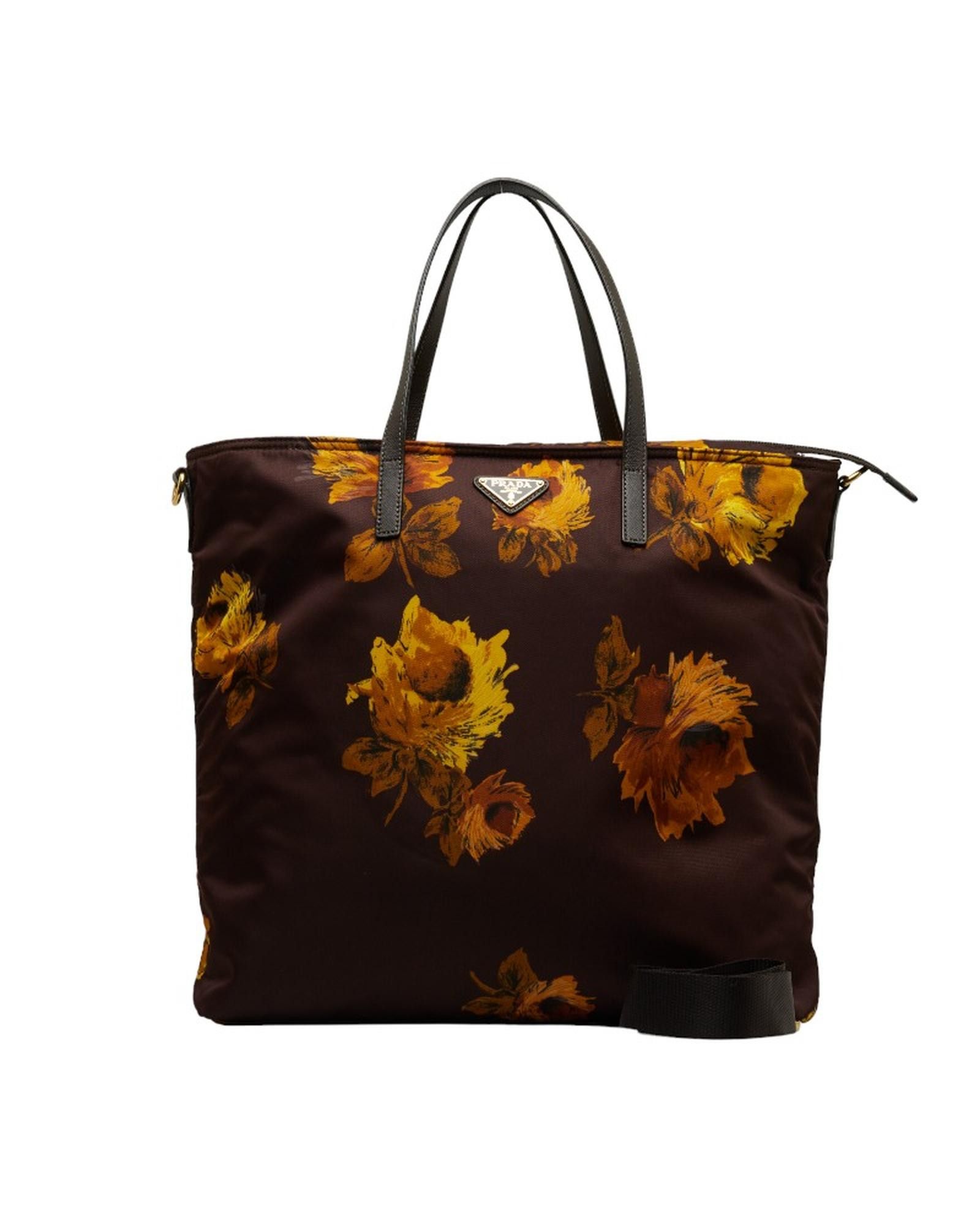 image of Prada Sunflower Print Tote Bag In Ab Condition in Brown, Women's