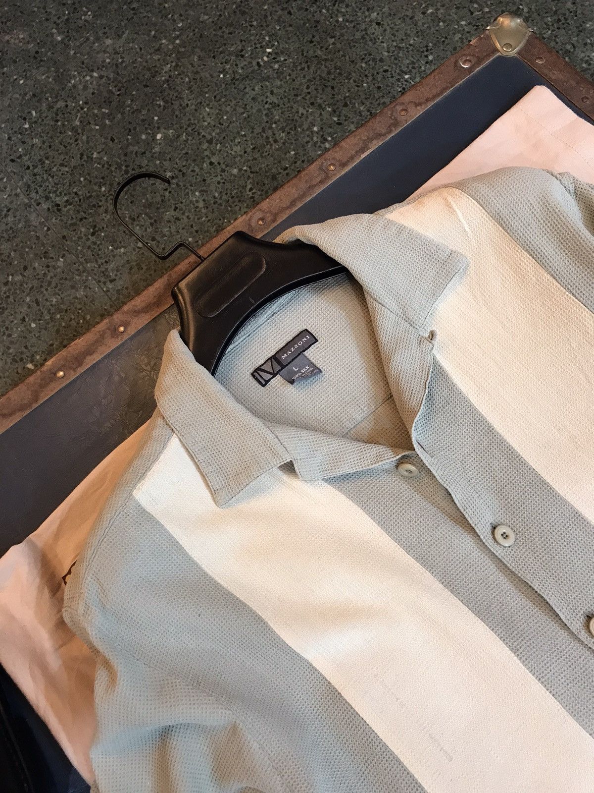Handmade PURE SILK SAGE GREEN CREAM WAFFLE TEXTURE BUTTONUP Size US L / EU 52-54 / 3 - 2 Thumbnail
