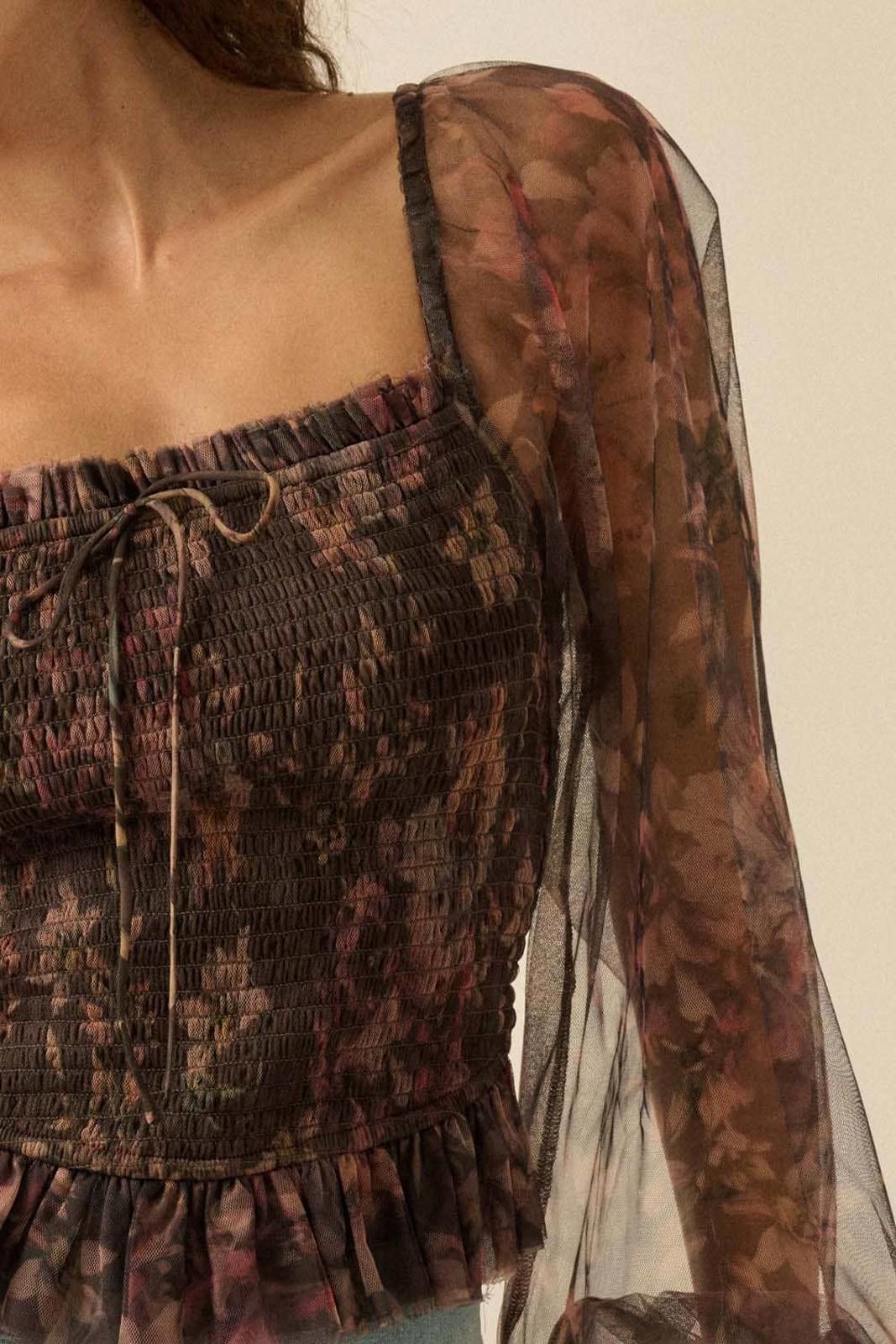 Other Layered Floral-Print Tulle Smocked Peasant Top by Promesa Size S / US 4 / IT 40 - 2 Thumbnail