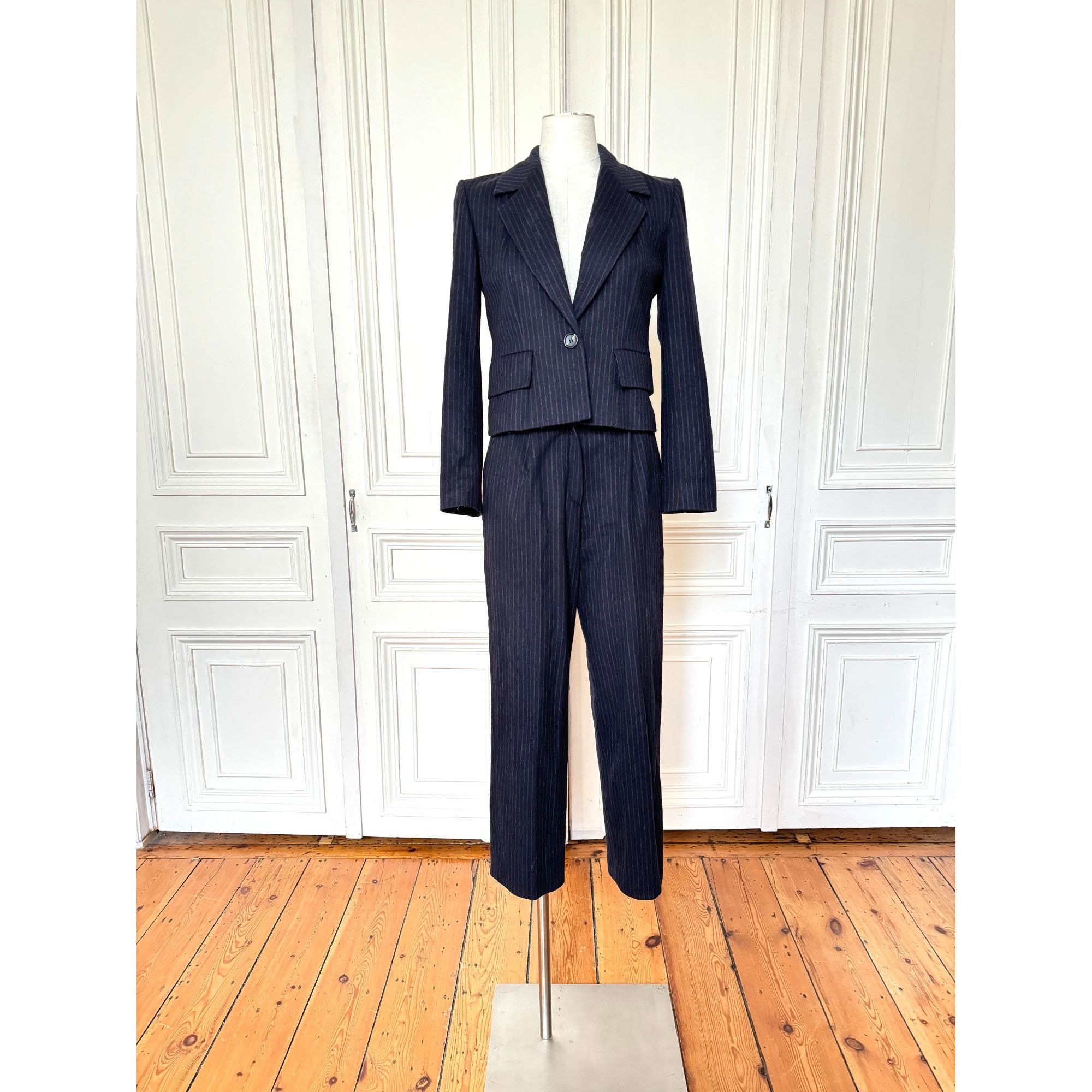 FW 1999 Wool Cashmere Navy Pinstripe Pants Suit