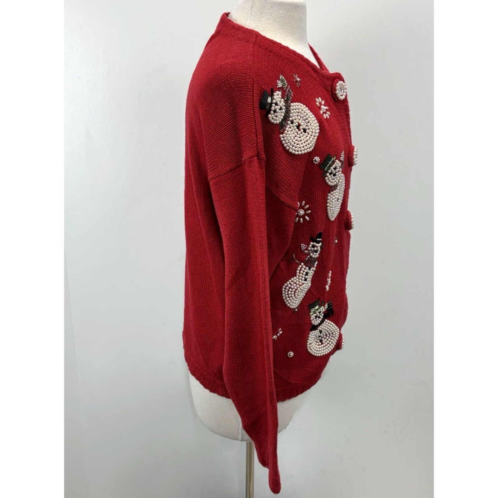 Vintage VINTAGE Victoria Jones Christmas Cardigan Sweater Women’s M Red Snowmen Beaded Pearl Button Jewel Knit Cotton Blend 90s Holiday Ugly Snowman Size M / US 6-8 / IT 42-44 - 4 Thumbnail