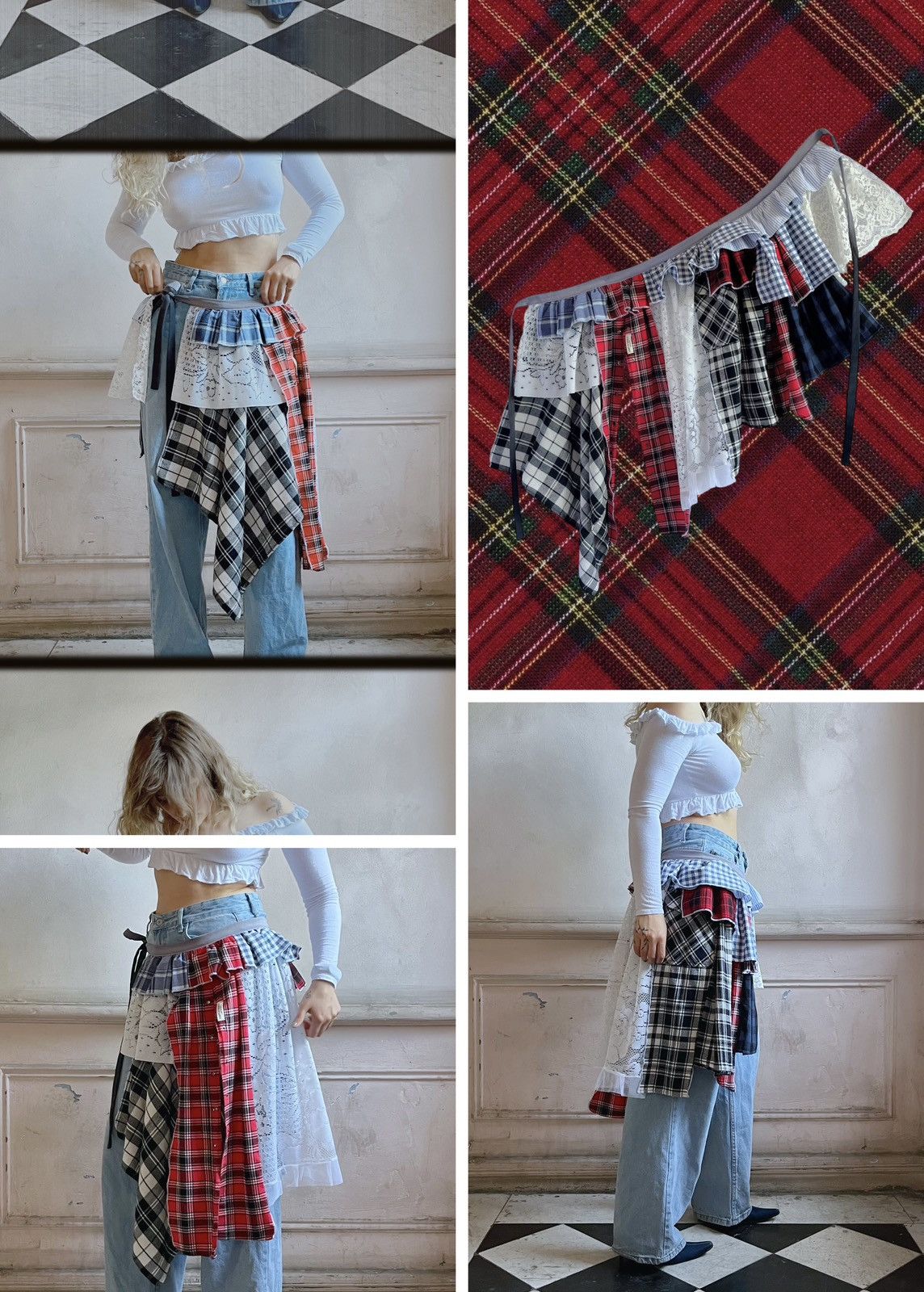 Custommade Upcycled Plaid & Lace Midi Belt Skirt / peplum belt Size 28" / US 6 / IT 42 - 3 Thumbnail