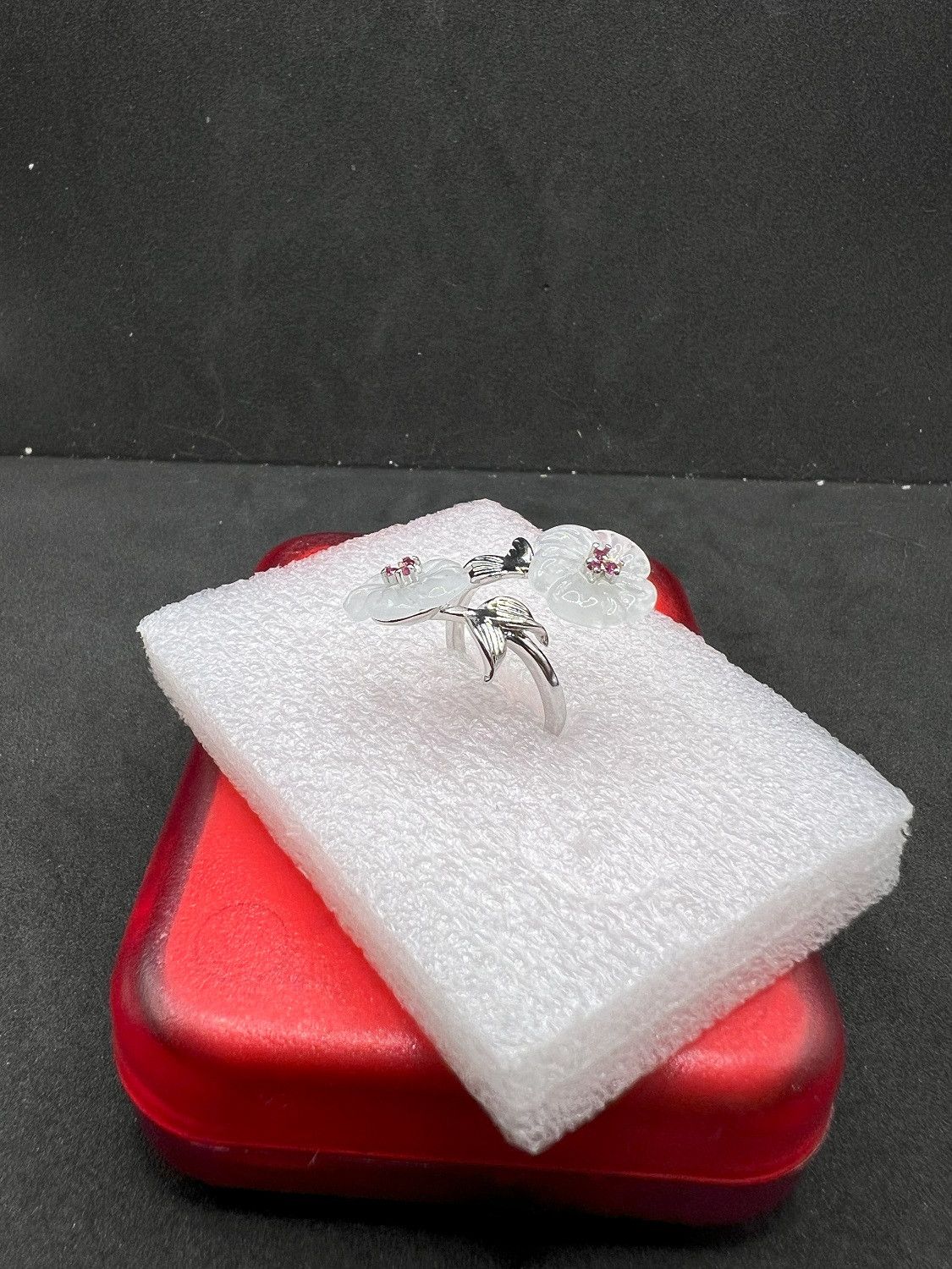 Designer Two White Jade Flowers Silver Ring with Pink Czs Size ONE SIZE - 3 Thumbnail