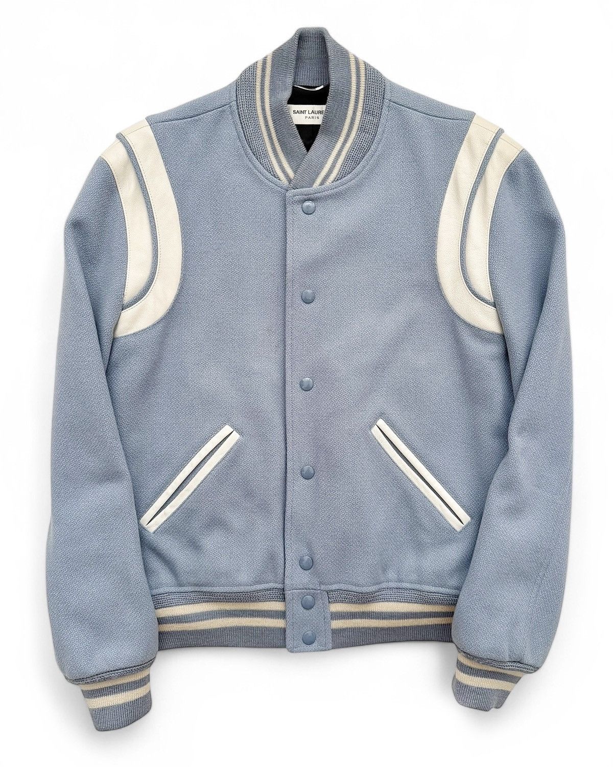 Saint Laurent Paris 2016 Baby Blue Teddy Wool Varsity Jacket Size US M / EU 48-50 / 2 - 1 Thumbnail