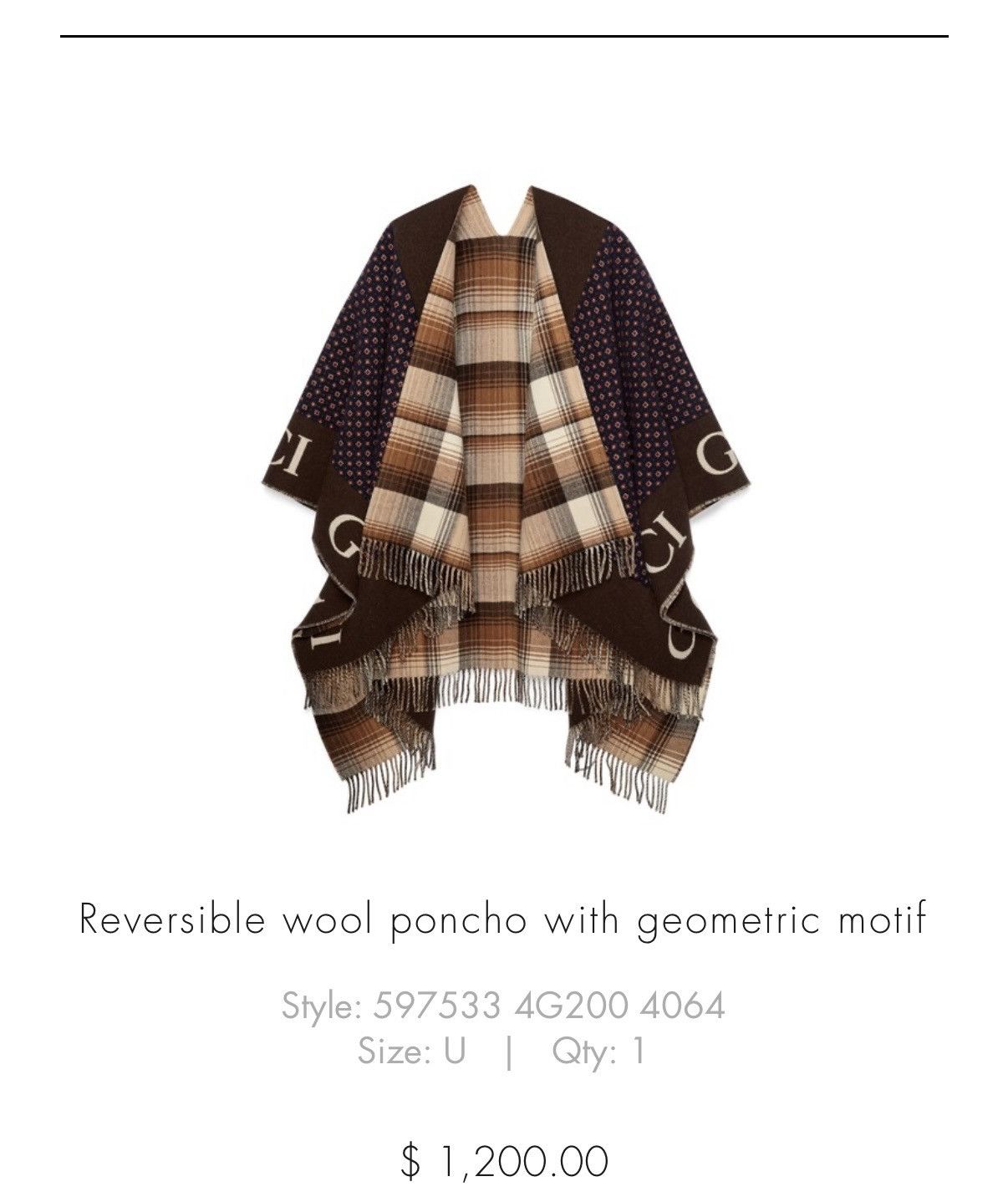 Gucci Gucci Reversible wool Poncho with geometric motif Size US L / EU 52-54 / 3 - 4 Thumbnail