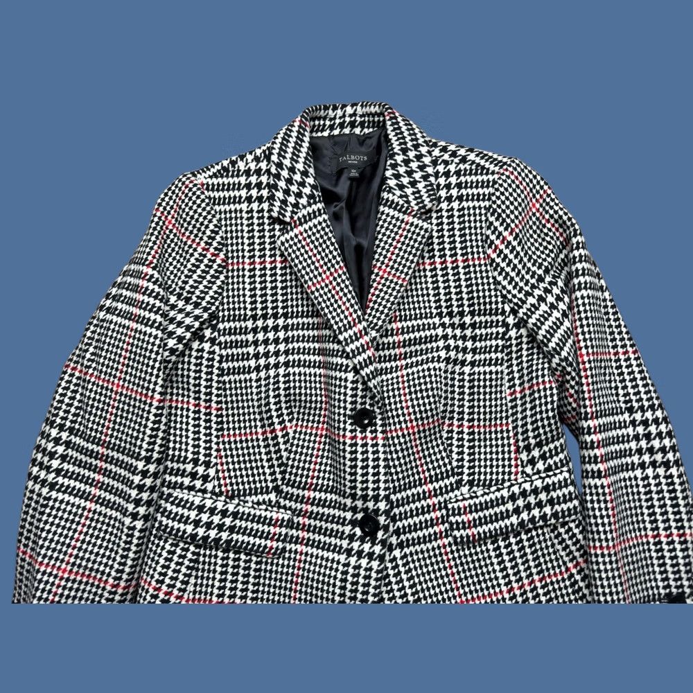 Talbots Talbots Sport Coat Houndstooth White Black Red Glen Check Wool Blazer 10P Petite Women’s Jacket Single-Breasted Notch Lapel Two-Button Lined Size L / US 10 / IT 46 - 1 Thumbnail