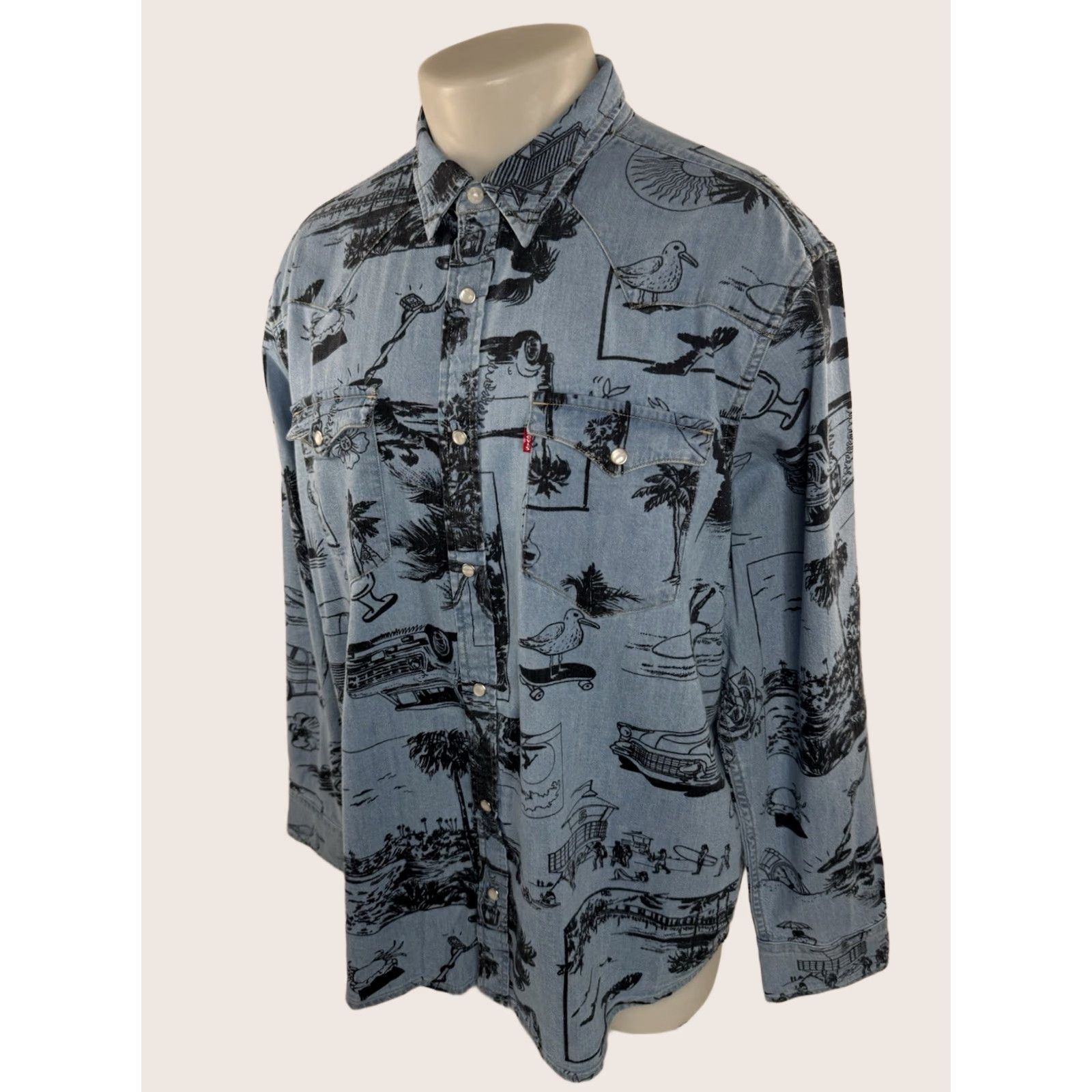 Levi's LEVI'S DENIM Western Ocean Beach Surf Theme Pearl Snap XL Shirt Mens Shirt Long Sleeve Blue 90s Style Pattern Size US XL / EU 56 / 4 - 1 Thumbnail