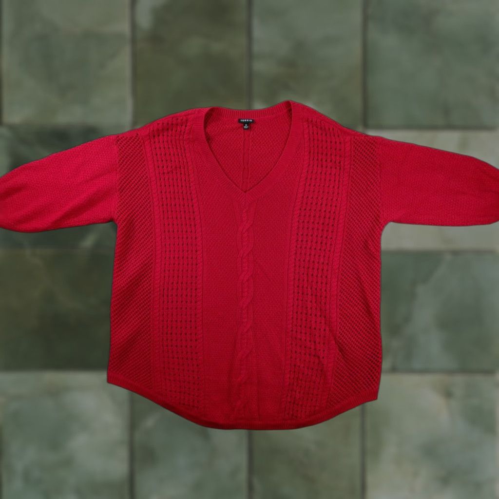 Torrid Torrid Sweater Womens 3 Red V Neck Cable Knit Openwork Pullover Plus Size Top Size XS / US 0-2 / IT 36-38 - 1 Thumbnail