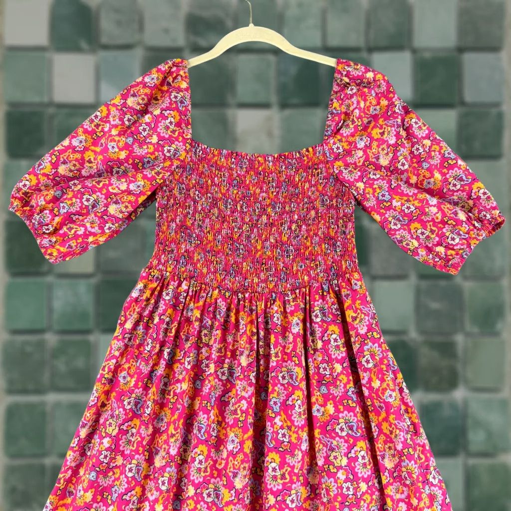 Vintage House of Harlow 1960 Dress Womens Medium Pink Floral Smocked Puff Sleeve Midi Shirt? Size M / US 6-8 / IT 42-44 - 1 Thumbnail