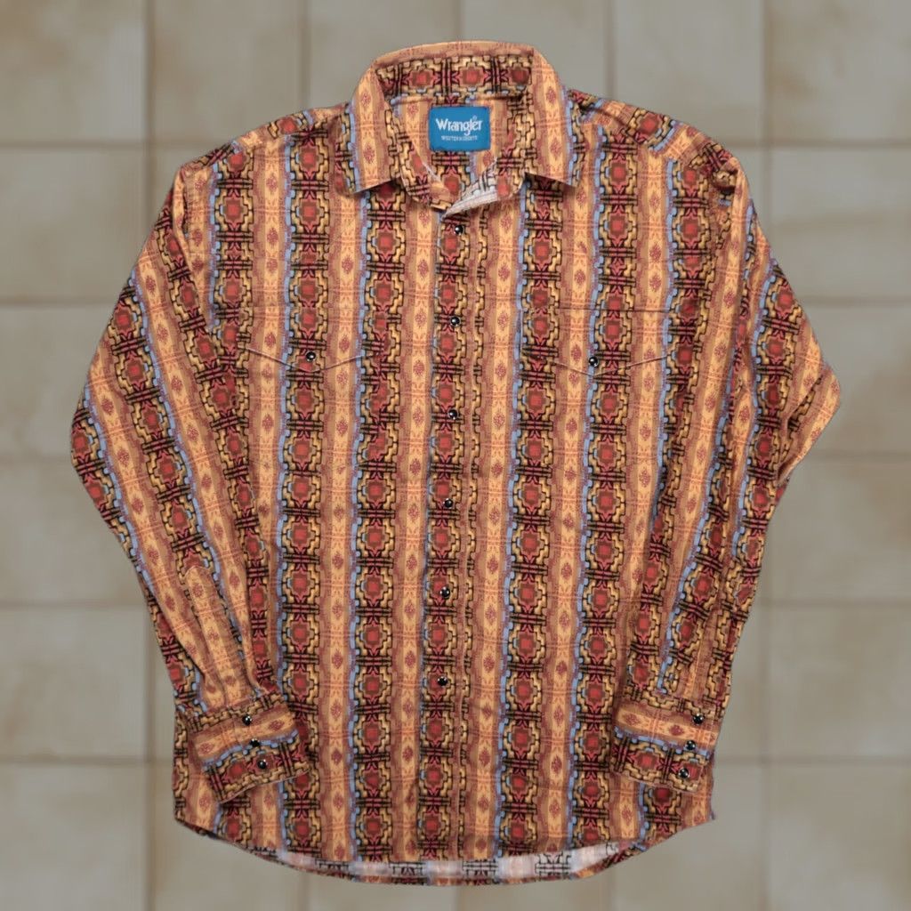 Wrangler VINTAGE Wrangler Shirt Mens L Brown Red Pearl Snap Southwestern Aztec Long Sleeve Size US L / EU 52-54 / 3 - 1 Thumbnail