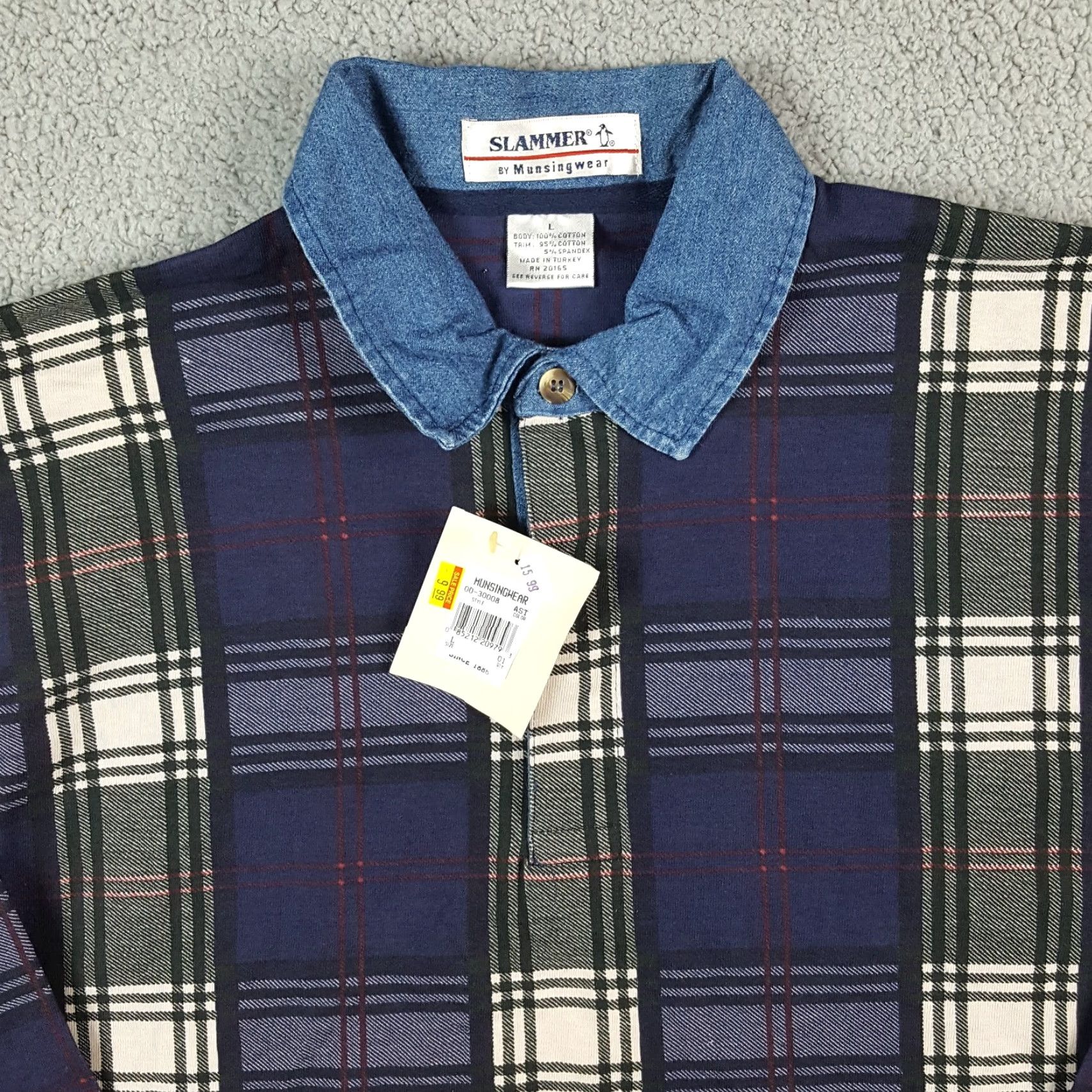 Vintage VINTAGE MunsingWear Polo Shirt Men Large Blue Plaid 90s Casual Work Thick Cotton Size 42R - 2 Thumbnail