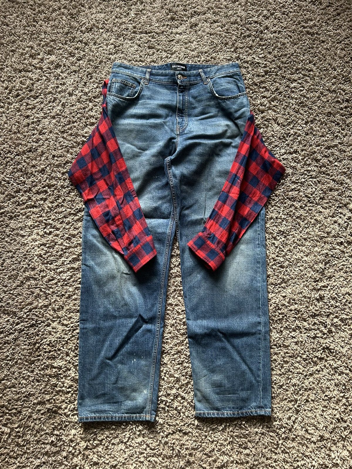 Pre-owned Balenciaga Ss20 Hyrbid Red Blue Flannel Jeans In Denim