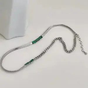 Jewelry Green Stone Chrome Chain Silver Goth God Vibe Necklace Size ONE SIZE - 1 Thumbnail