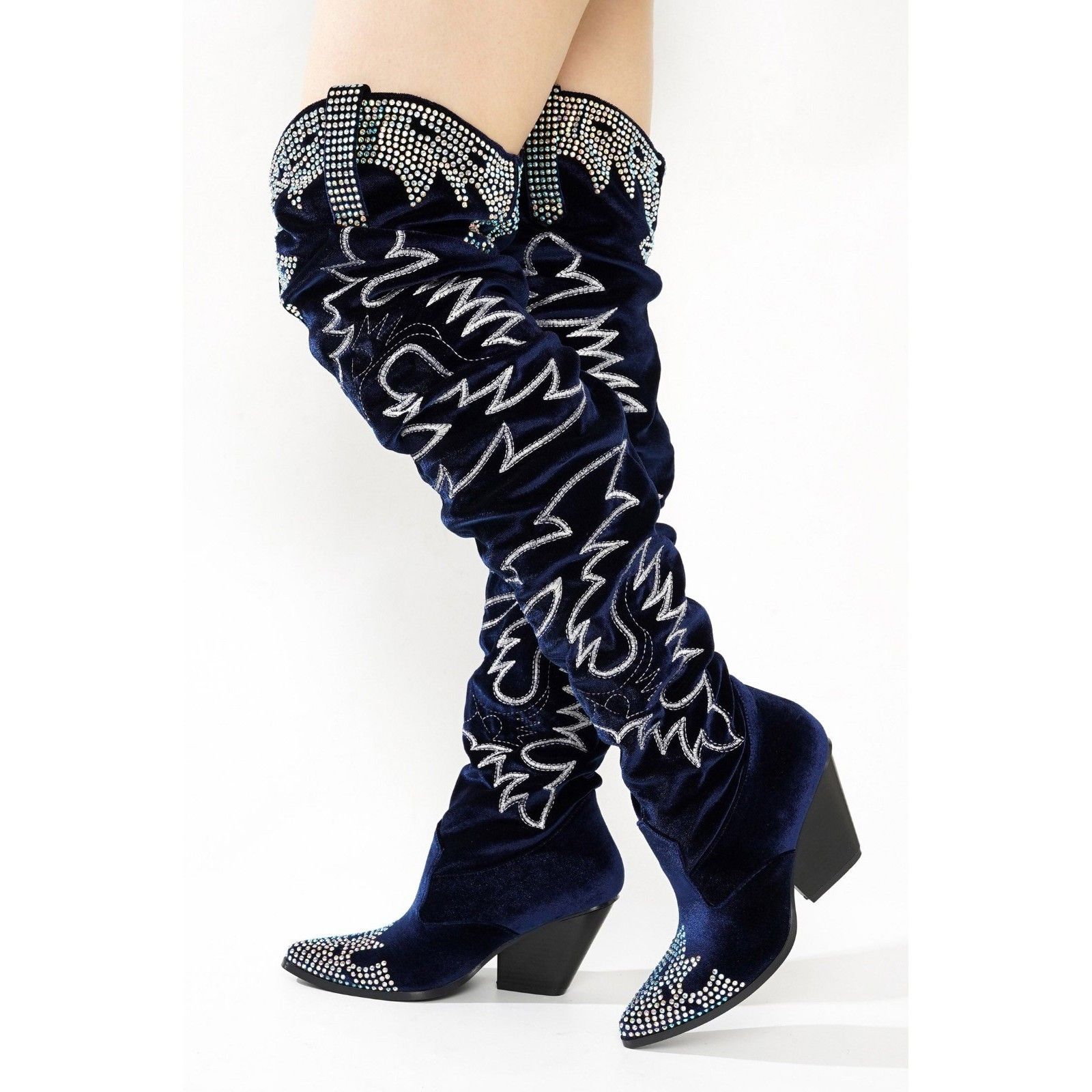 Other Delish Blue Velvet Western Slouch OTK Thigh High Cowboy Boot Size US 9 / IT 39 - 1 Thumbnail