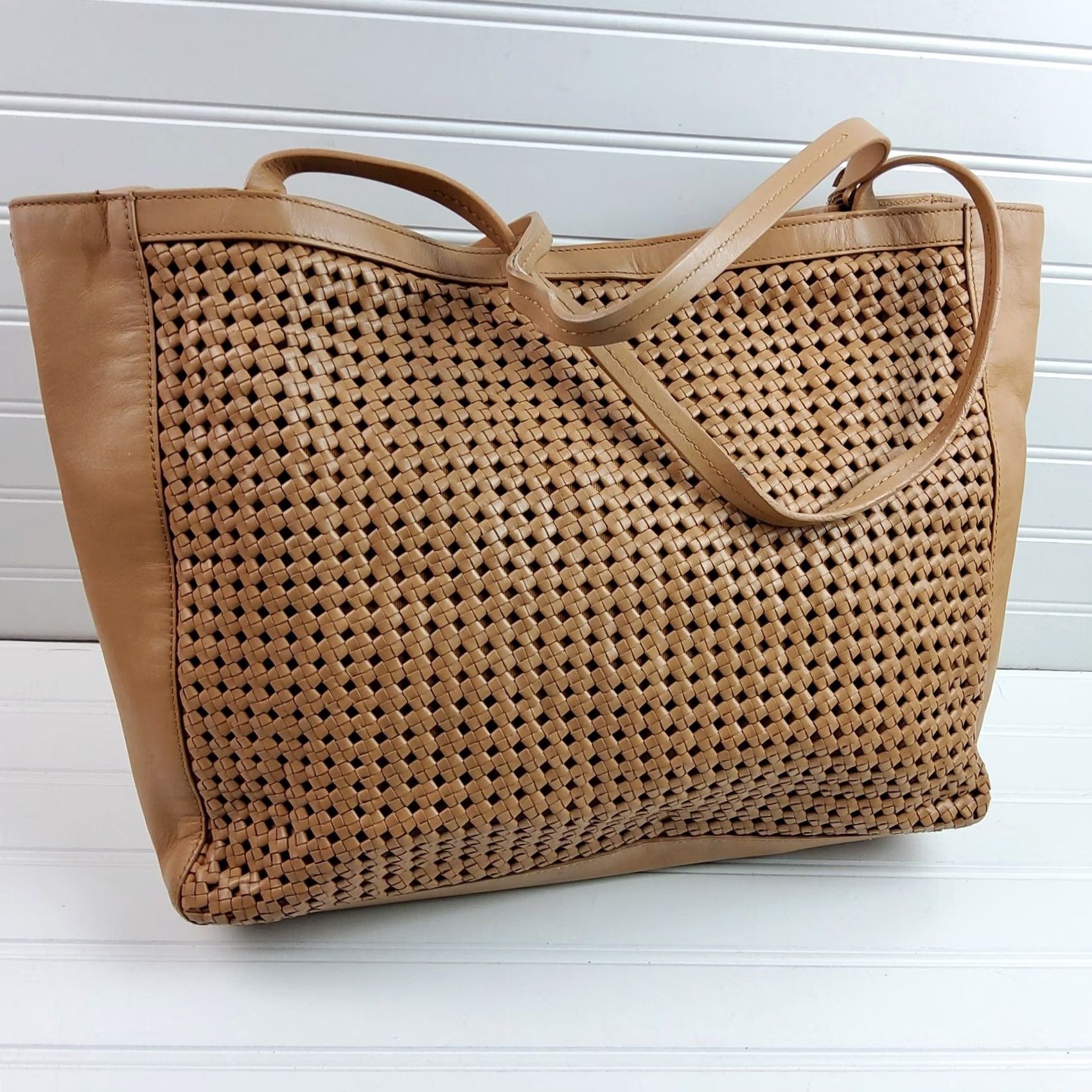 Tory Burch Tory Burch Woven Erica Large Tote Shoulder Handbag Purse Women Tan Leather Tote Large Size ONE SIZE - 5 Thumbnail