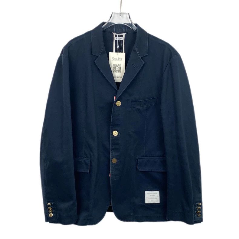 Thom Browne Size 4 Dark blue gold buckle lapel cotton suit