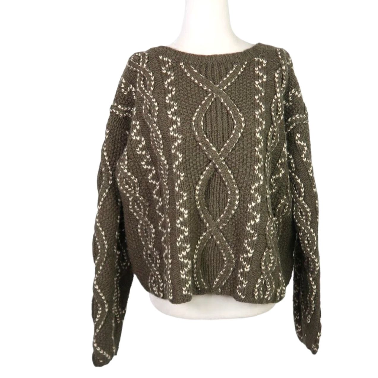 Vintage VINTAGE INC International Concepts Olive Green and Cream Wool Sweater M Size M / US 6-8 / IT 42-44 - 2 Thumbnail