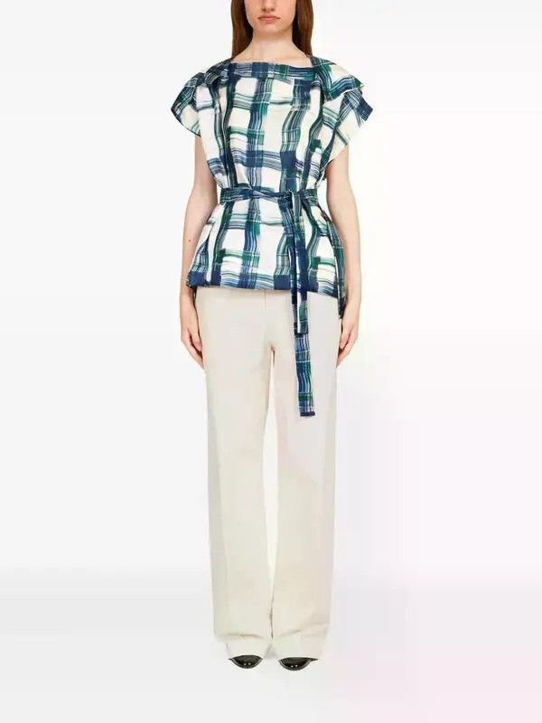 Salvatore Ferragamo o1s1rm0426 Plaid Belted Blouse in Blue/White Size S / US 4 / IT 40 - 2 Thumbnail