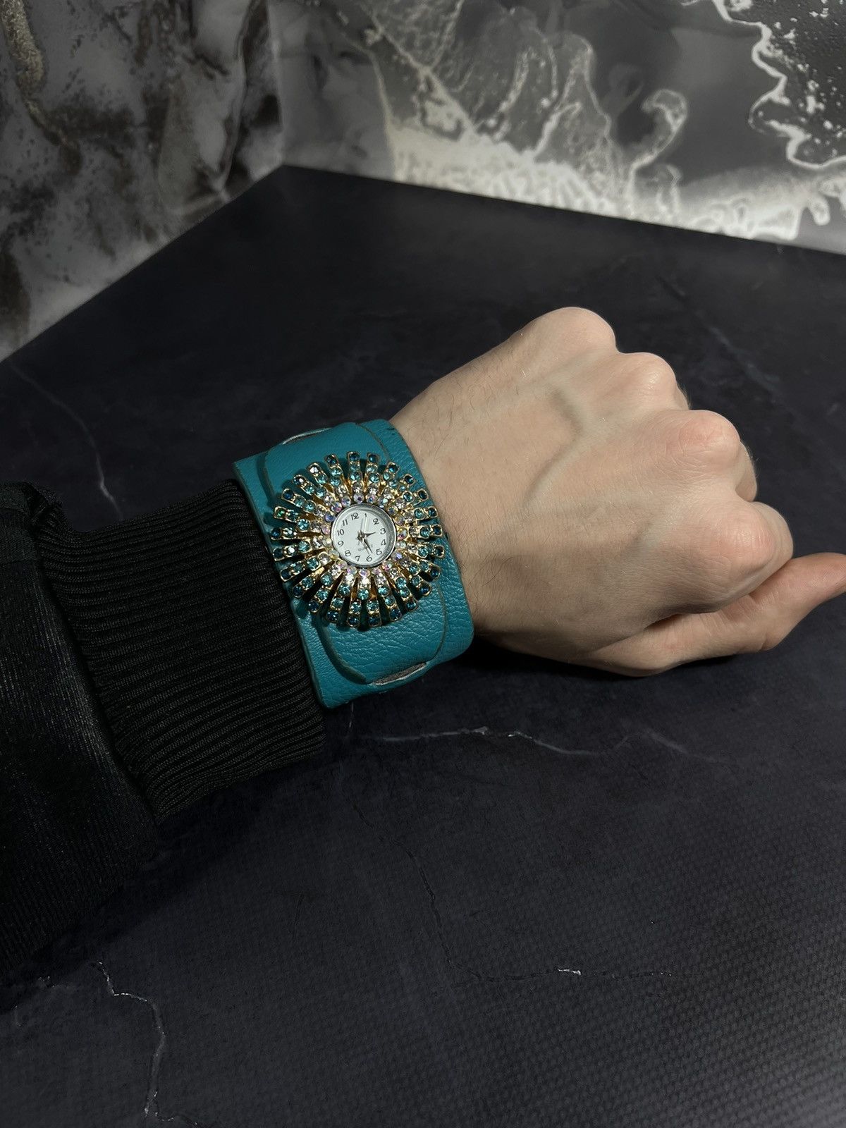 Jewelry Turquoise Crystal Sunburst Cuff Watch Bracelet Size ONE SIZE - 6 Thumbnail