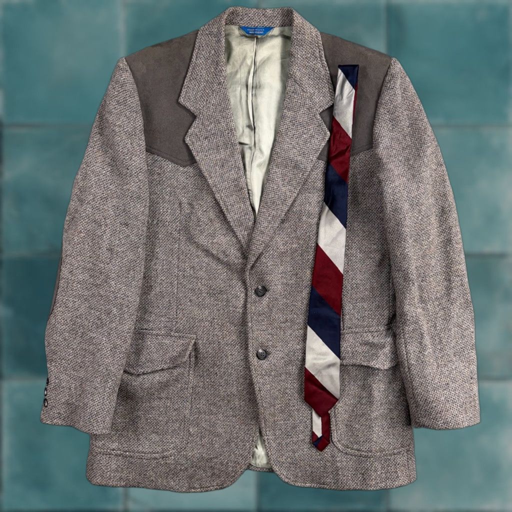 Pendleton VINTAGE Pendleton Western Blazer Mens 42L USA Long Wool Gray Tweed Suede Elbow Two-Button Jacket Size 42R - 1 Thumbnail