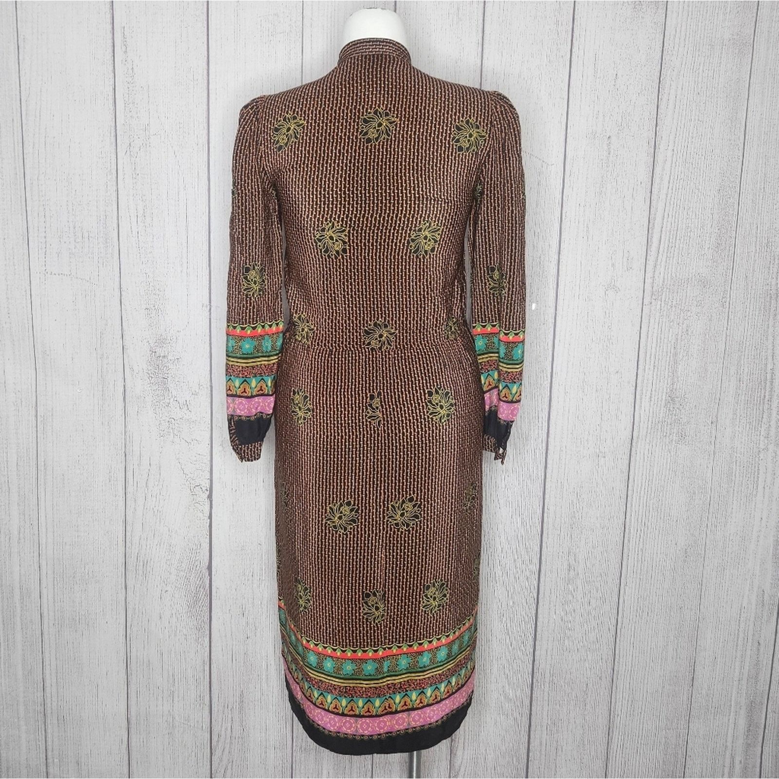 Vintage Vintage 80s Raul Blanco Silk Boho Long Sleeve Midi Dress Size L / US 10 / IT 46 - 3 Thumbnail