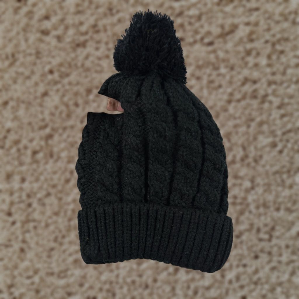 Vintage Womens Beanie Toque One Size Black Cable Knit Acrylic Polyester Lined Ski Pom Size ONE SIZE - 1 Thumbnail