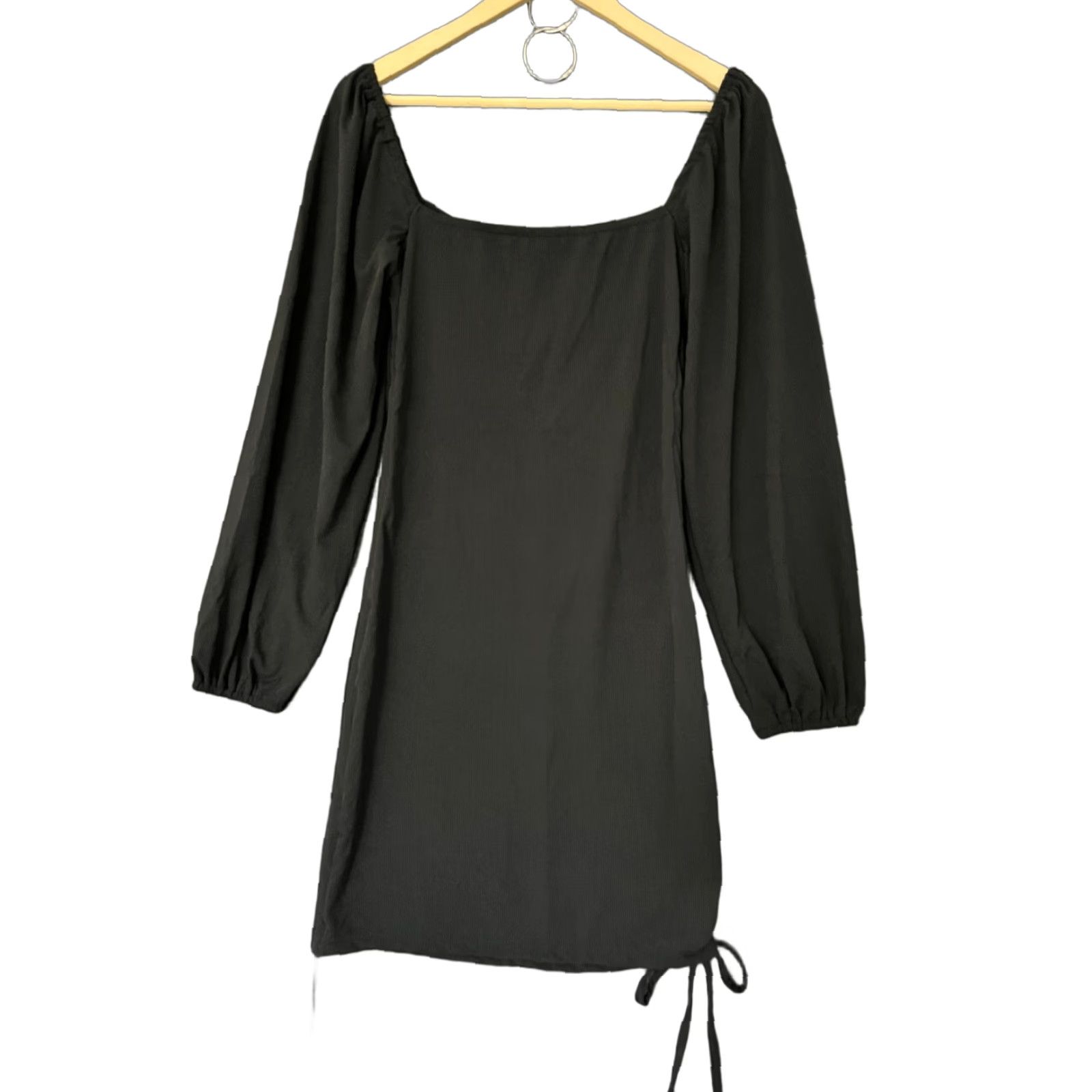 Vintage Solid Black Women's Dress Mini Puff Sleeve Ruched Drawstring Size L Womens Size L / US 10 / IT 46 - 1 Thumbnail