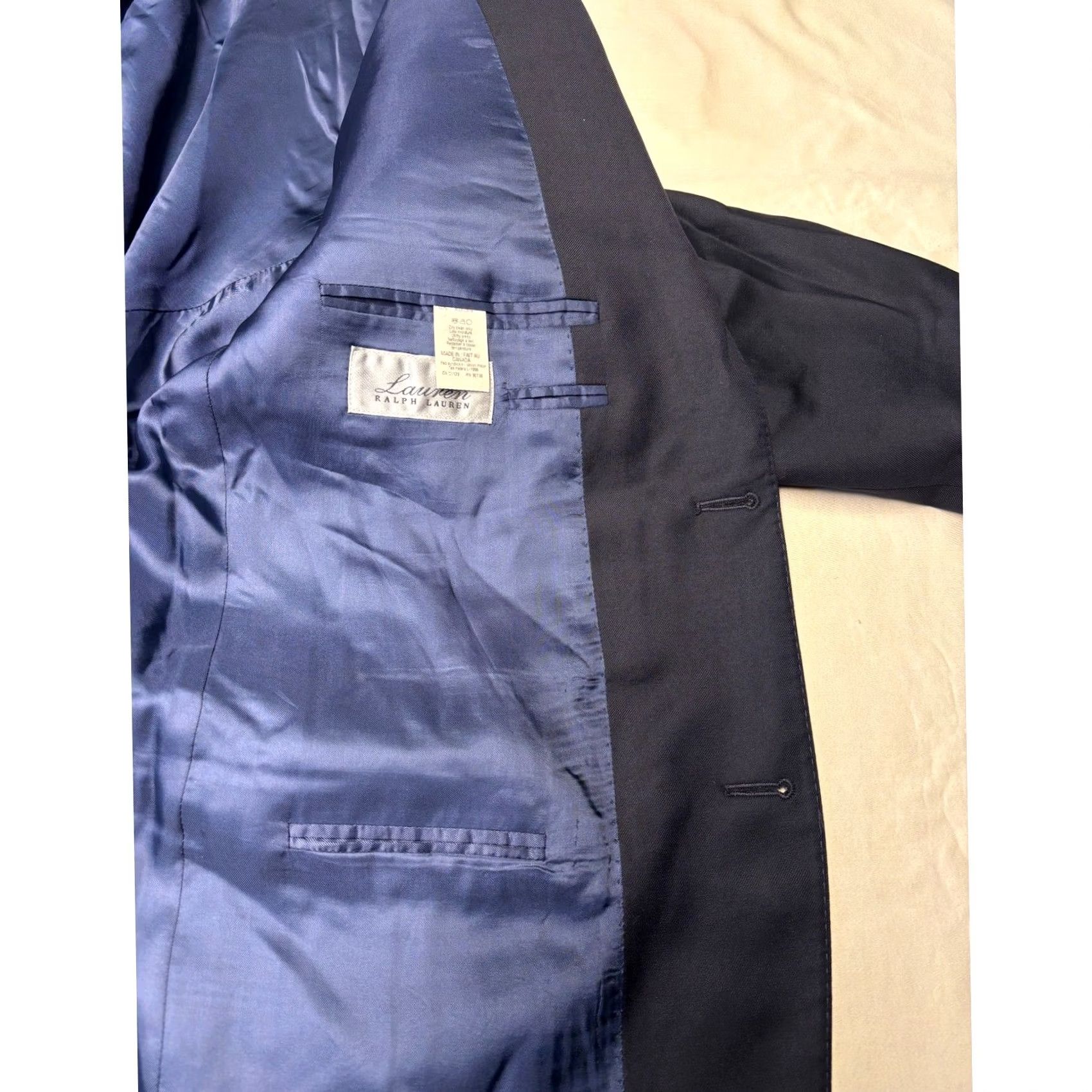Ralph Lauren Lauren Ralph Lauren Navy Blue Blazer Wool Blend 44R Three-Button Notch Lapel Gold Buttons Single-Breasted Mens Jacket Coat Regular Fit Vintage No Size 44R - 6 Thumbnail