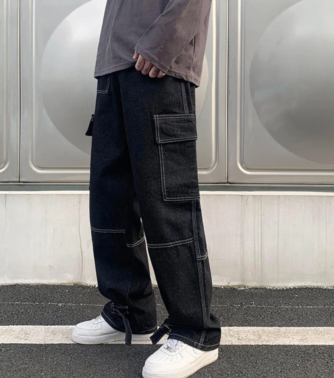 image of Distressed Denim Black Color Straight Baggy Denim Pants, Men's (Size 33)