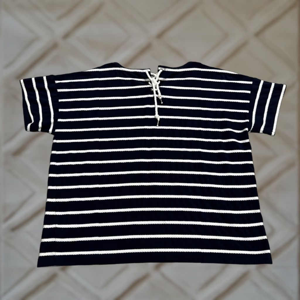 Talbots Talbots Striped T-Shirt Women XL Navy Blue White Lace Up Short Sleeve Top Size XL / US 12-14 / IT 48-50 - 1 Thumbnail