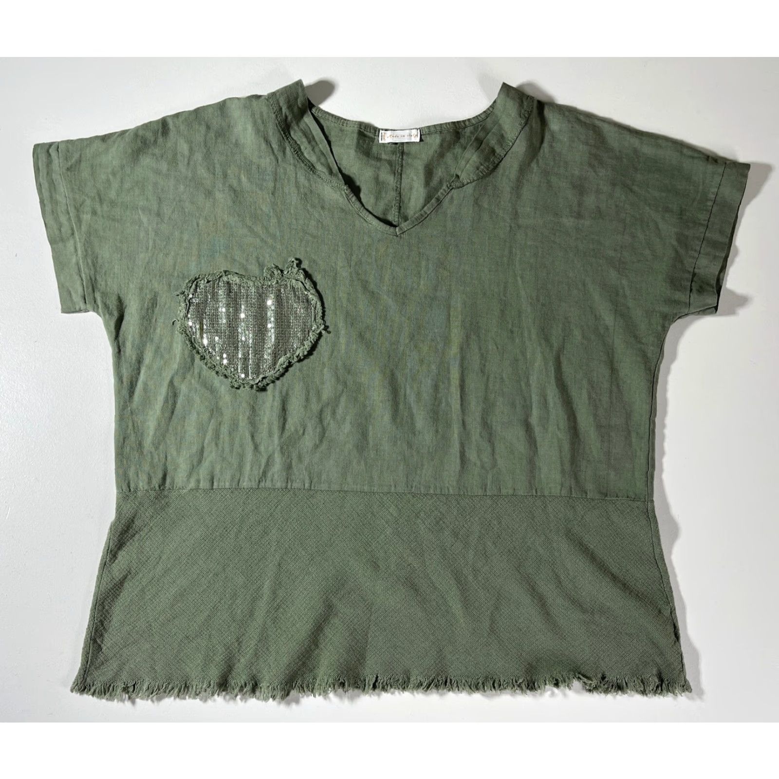 Vintage VINTAGE The Lino Lounge Women’s Sleeveless Top Blouse One Size Green Linen Blend Heart Patch Bohemian Casual Short Size ONE SIZE - 3 Thumbnail