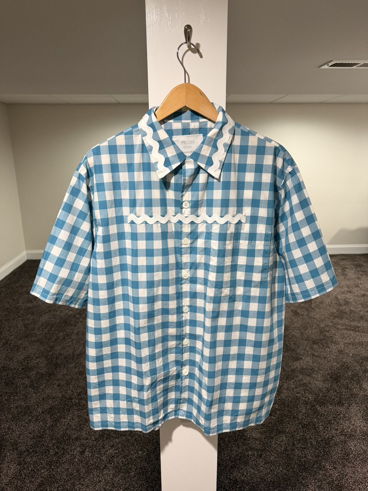 Prada PRADA x Raf SS23 Gingham Blue Plaid Stripe Button Logo Shirt Size US XL / EU 56 / 4 - 18 Thumbnail